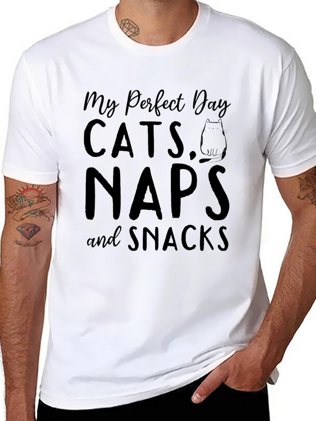 My Perfect Day: Cats Naps & Snacks Black T-Shirt