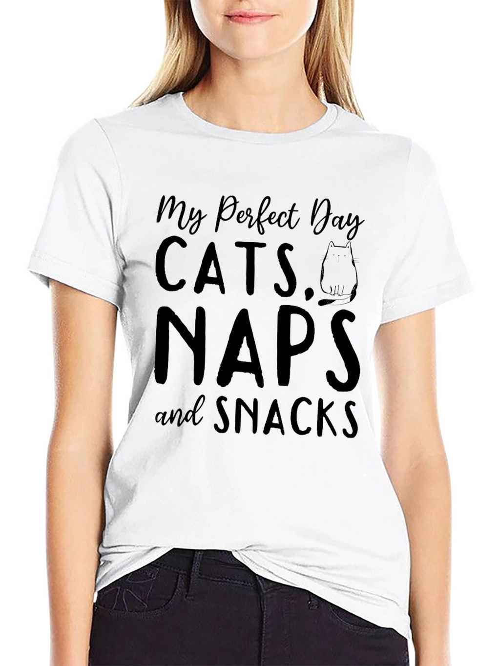 My Perfect Day: Cats Naps & Snacks Black T-Shirt