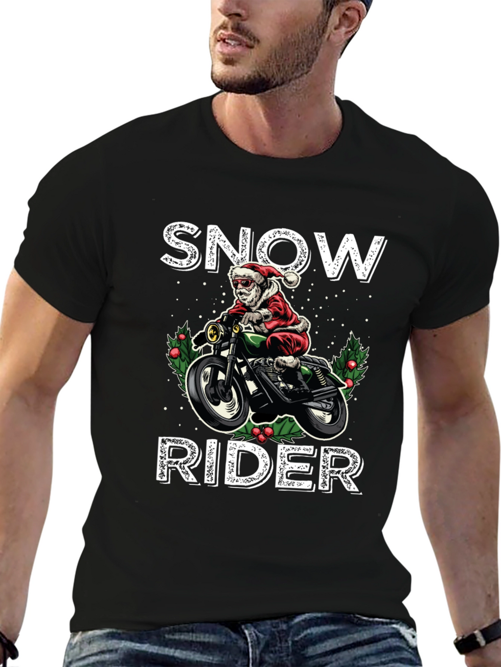 Snow Rider Graphic Tee - Motorcycle Santa Shirt