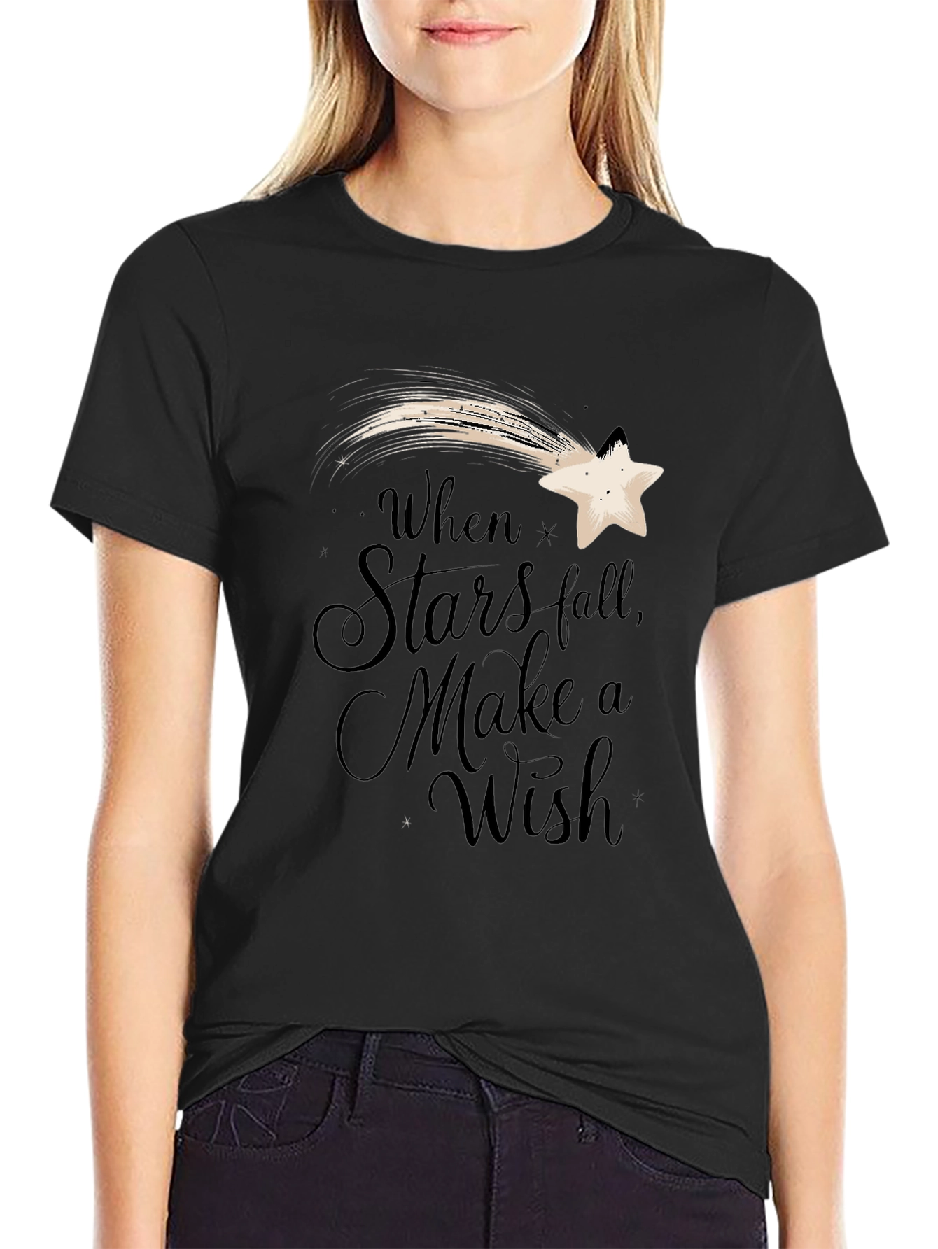 Stars Fall Wish Graphic Tee - Black Casual T-Shirt