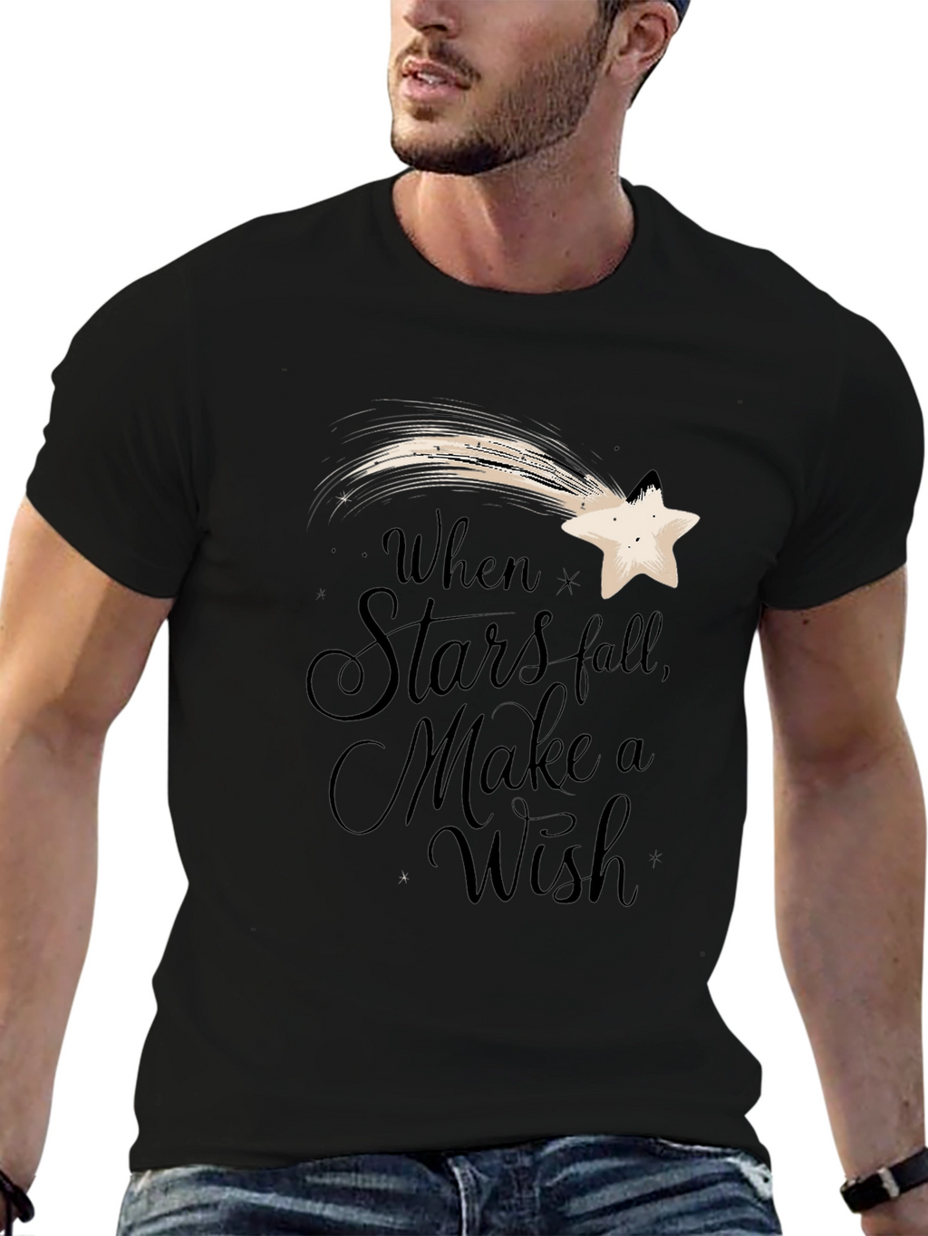 Stars Fall Wish Graphic Tee - Black Casual T-Shirt
