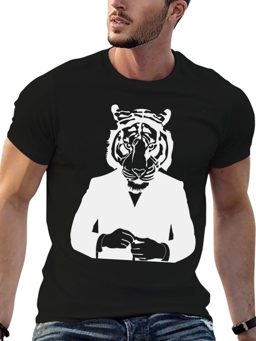 Tiger Man Graphic Tee - Stylish Black T-Shirt