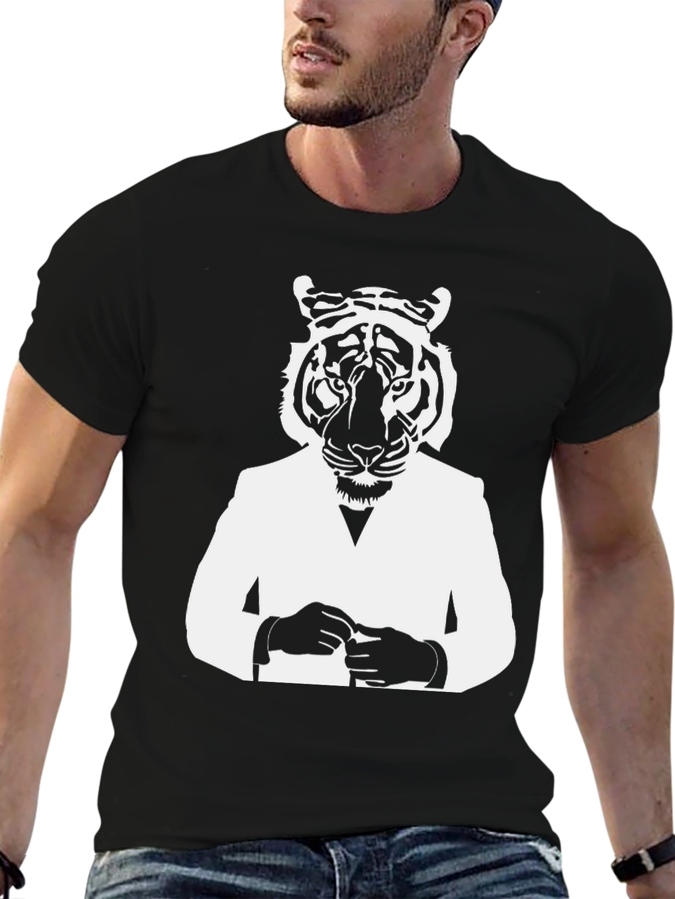 Tiger Man Graphic Tee - Stylish Black T-Shirt