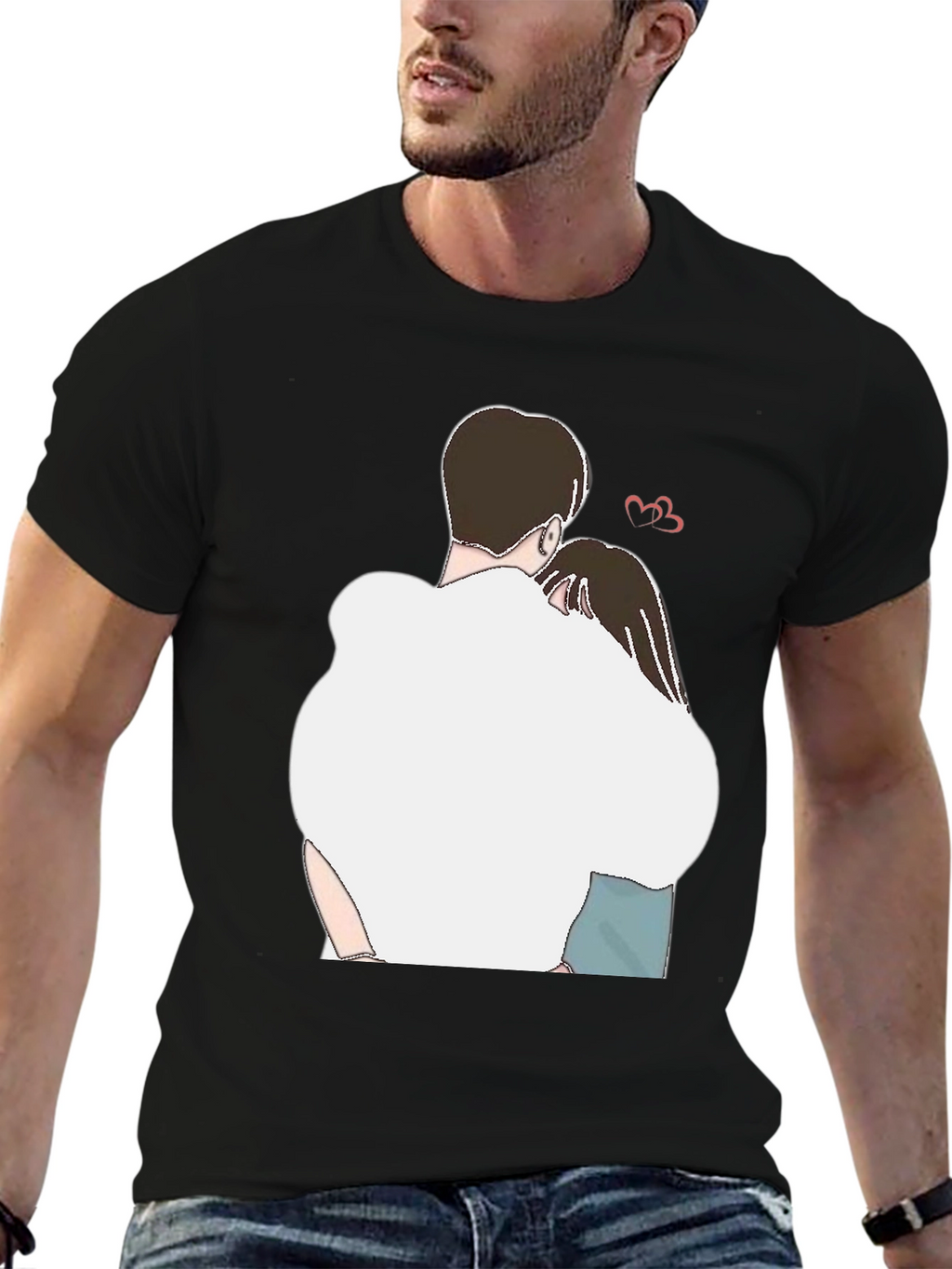 Romantic Couple Hug Graphic Tee - Black