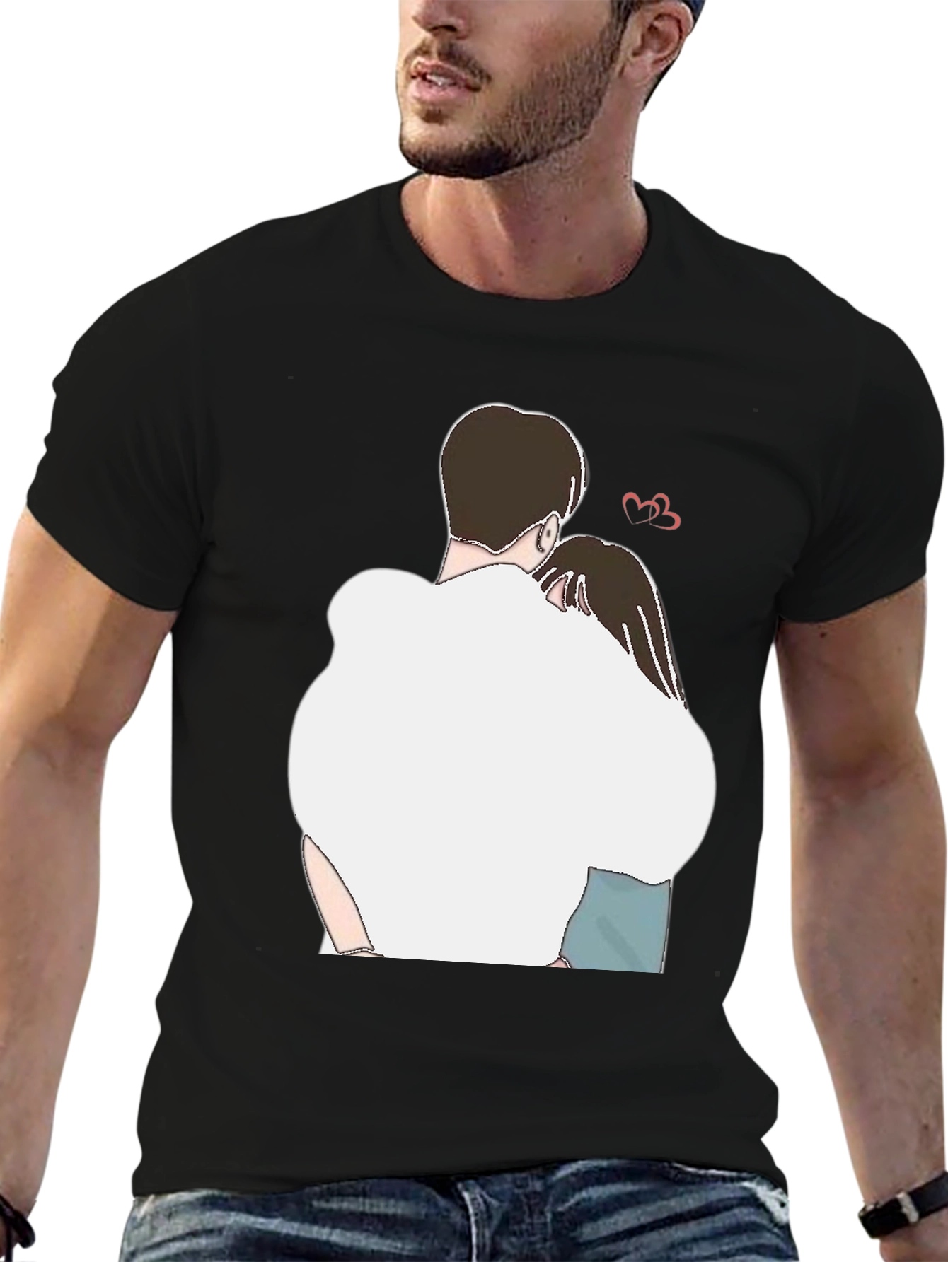Romantic Couple Hug Graphic Tee - Black