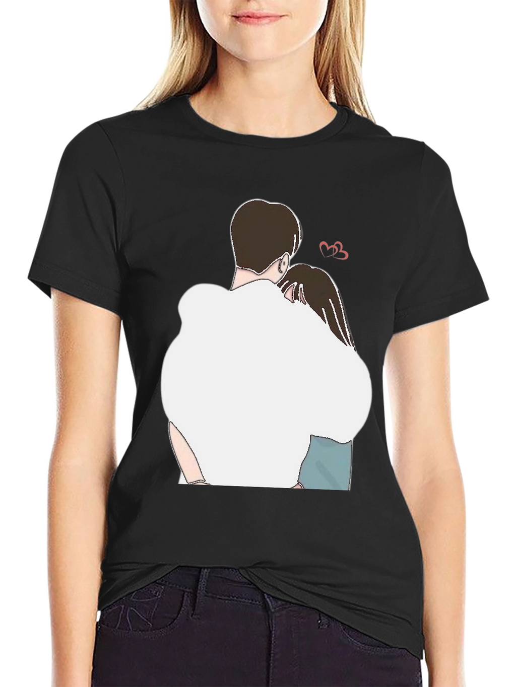 Romantic Couple Hug Graphic Tee - Black