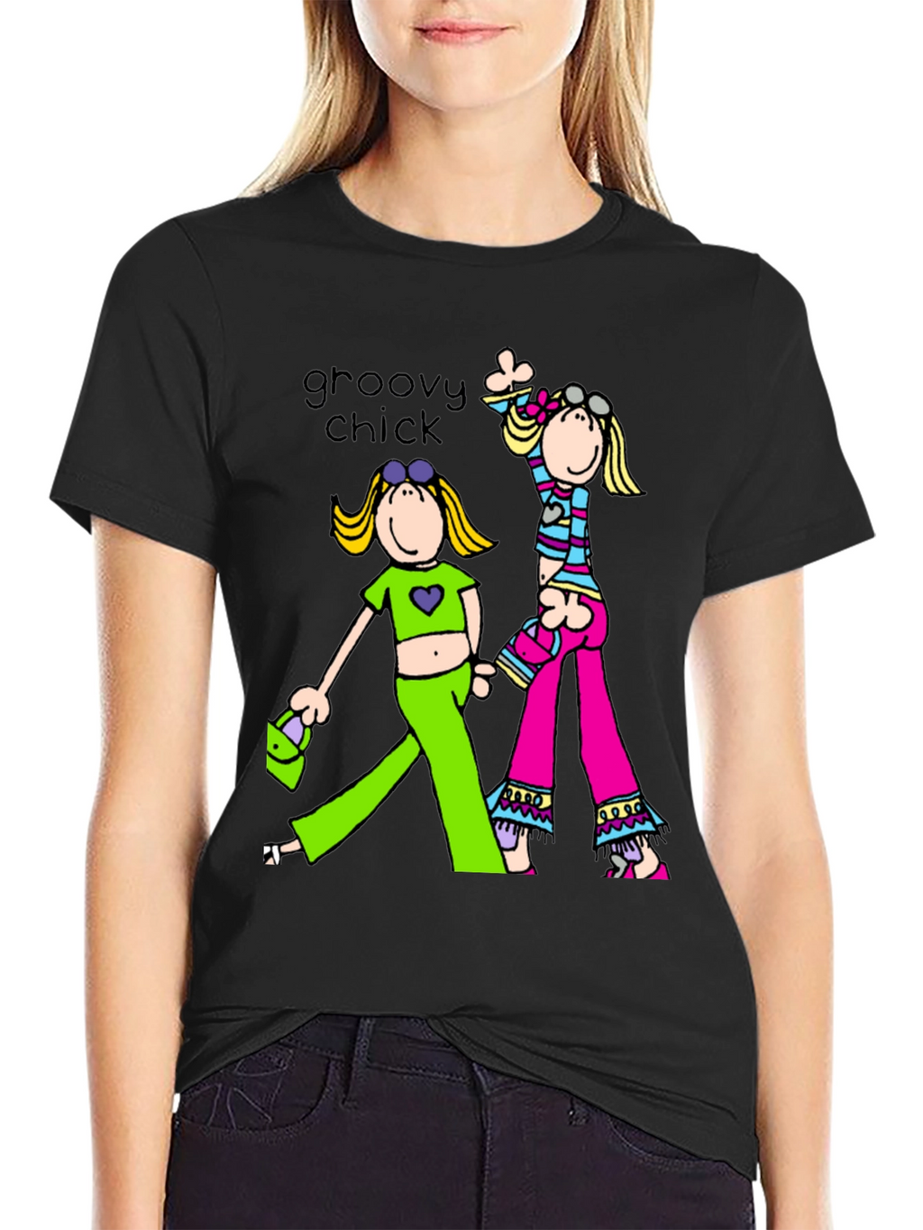 Groovy Chick Graphic Tee Retro Style Black T-Shirt