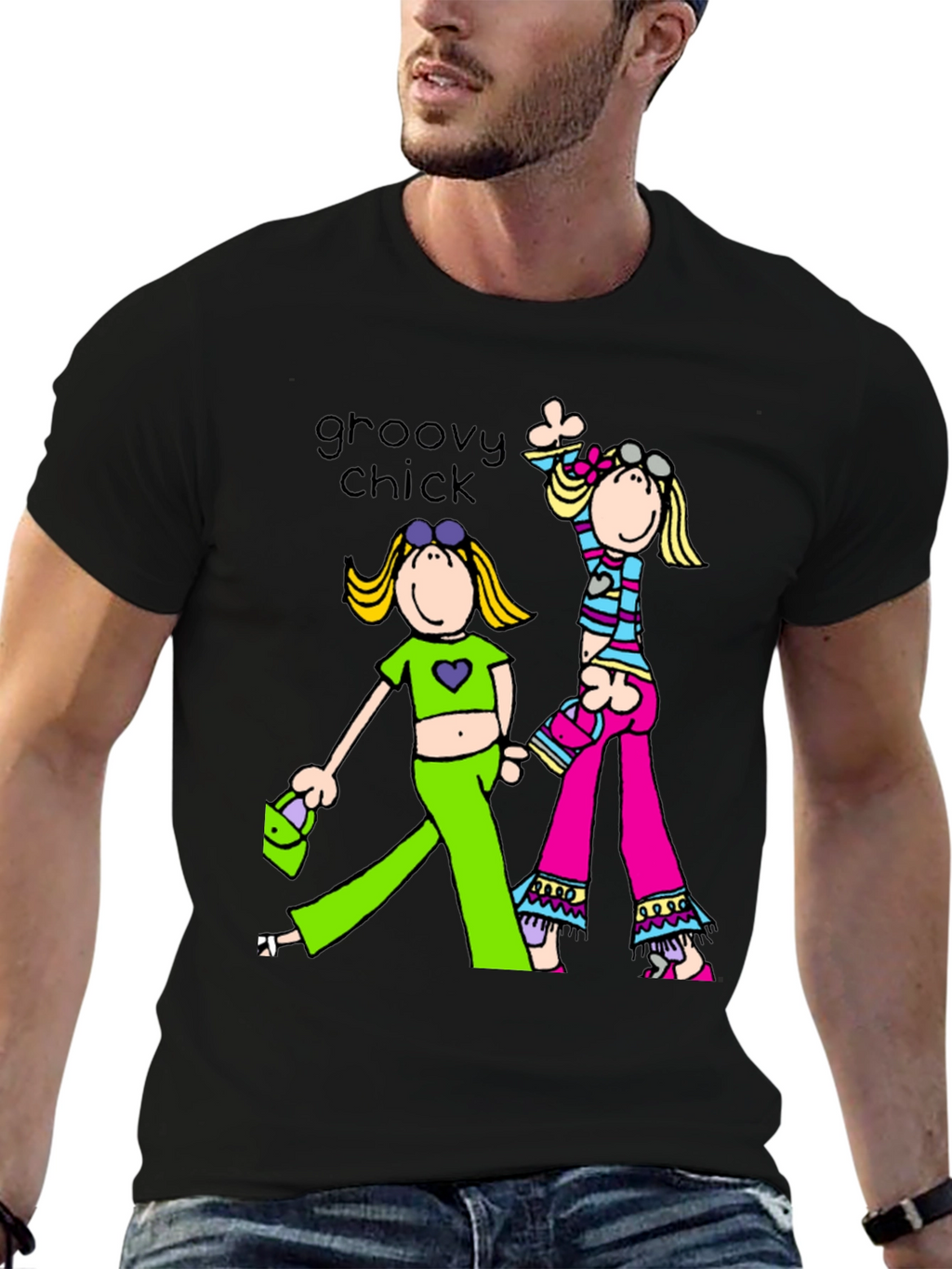 Groovy Chick Graphic Tee Retro Style Black T-Shirt