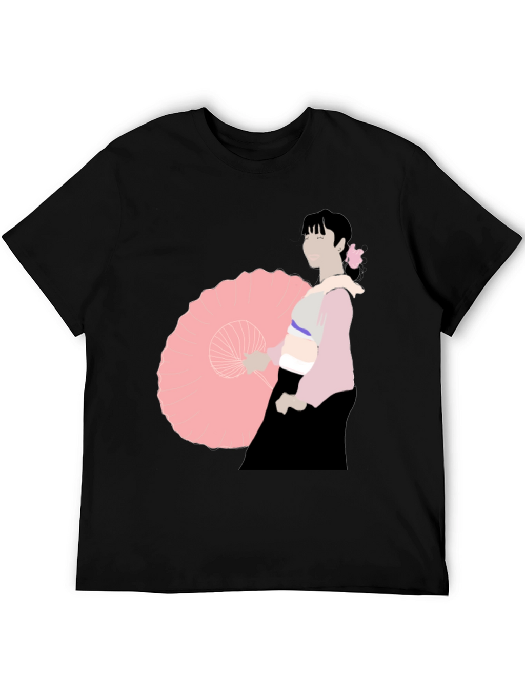 Black T-Shirt with Japanese Woman Illustration