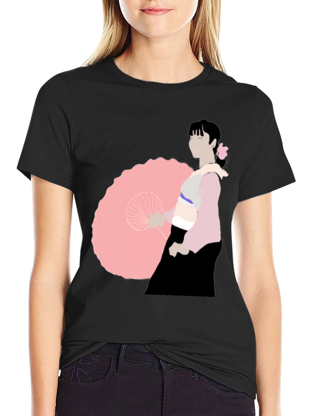 Black T-Shirt with Japanese Woman Illustration