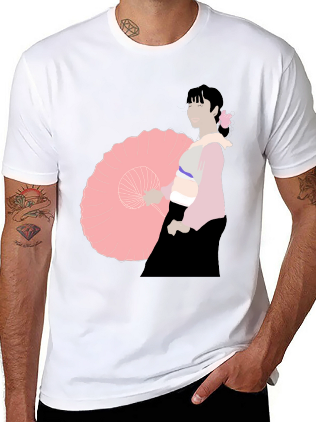 Black T-Shirt with Japanese Woman Illustration