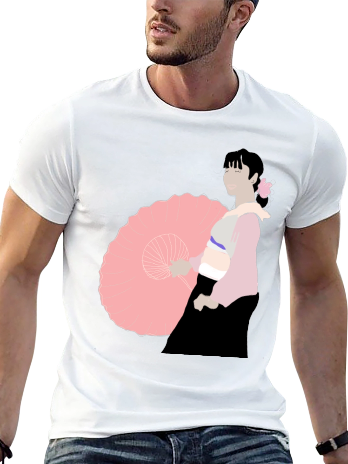 Black T-Shirt with Japanese Woman Illustration
