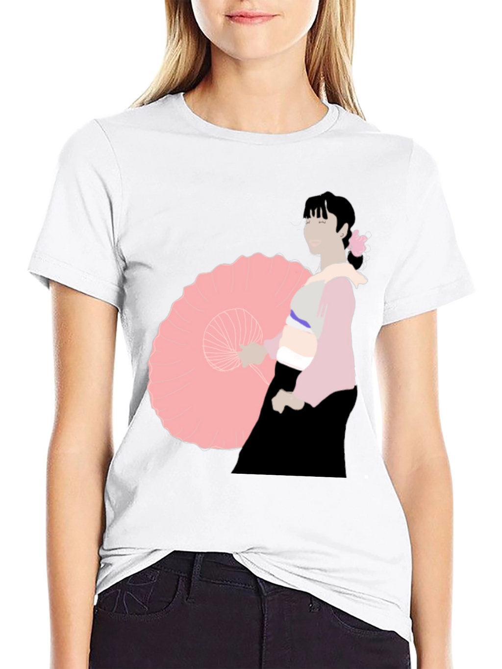 Black T-Shirt with Japanese Woman Illustration