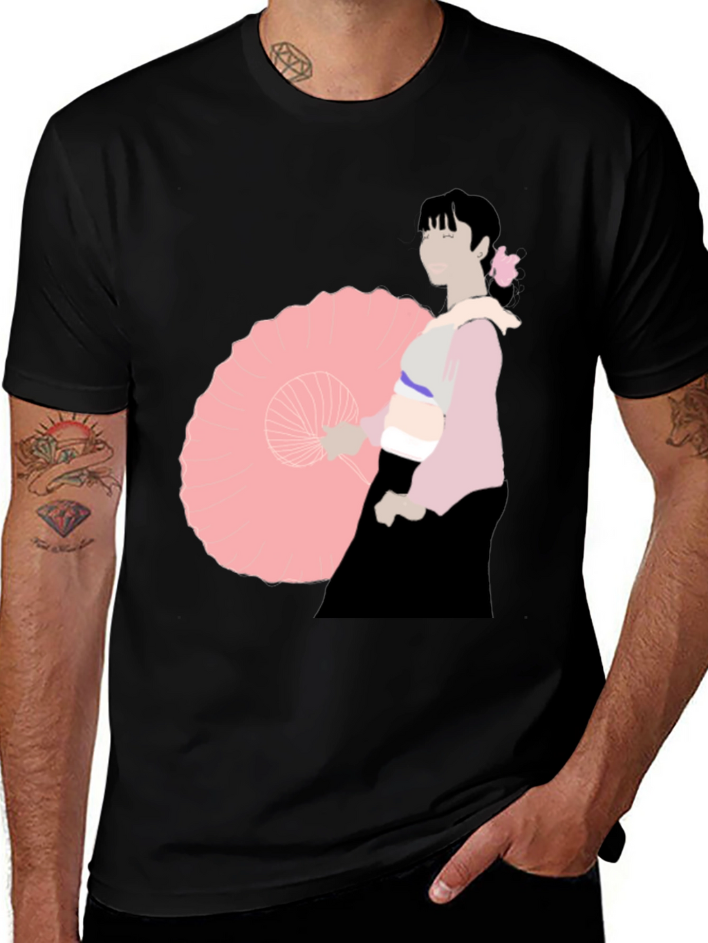 Black T-Shirt with Japanese Woman Illustration