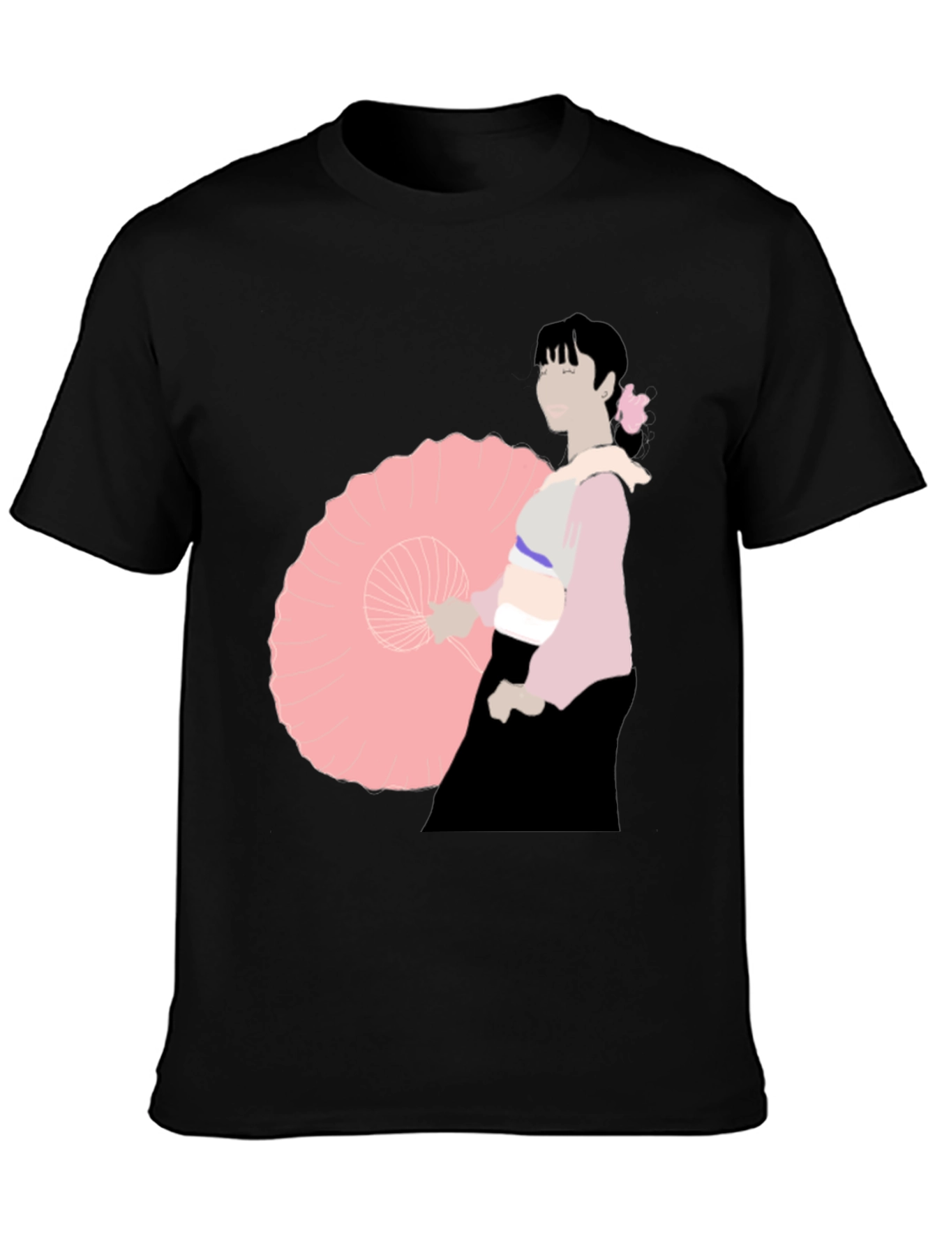Black T-Shirt with Japanese Woman Illustration