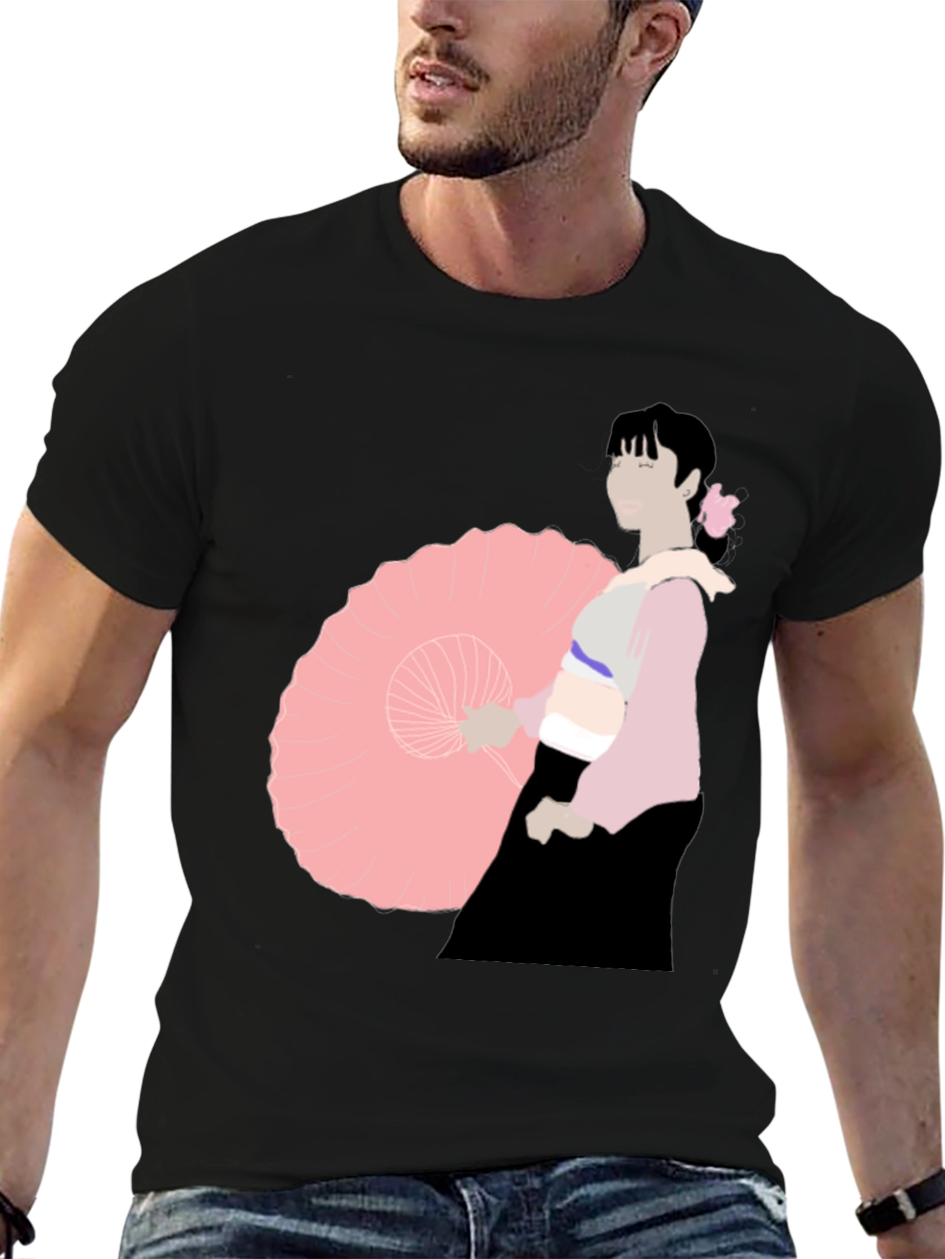Black T-Shirt with Japanese Woman Illustration