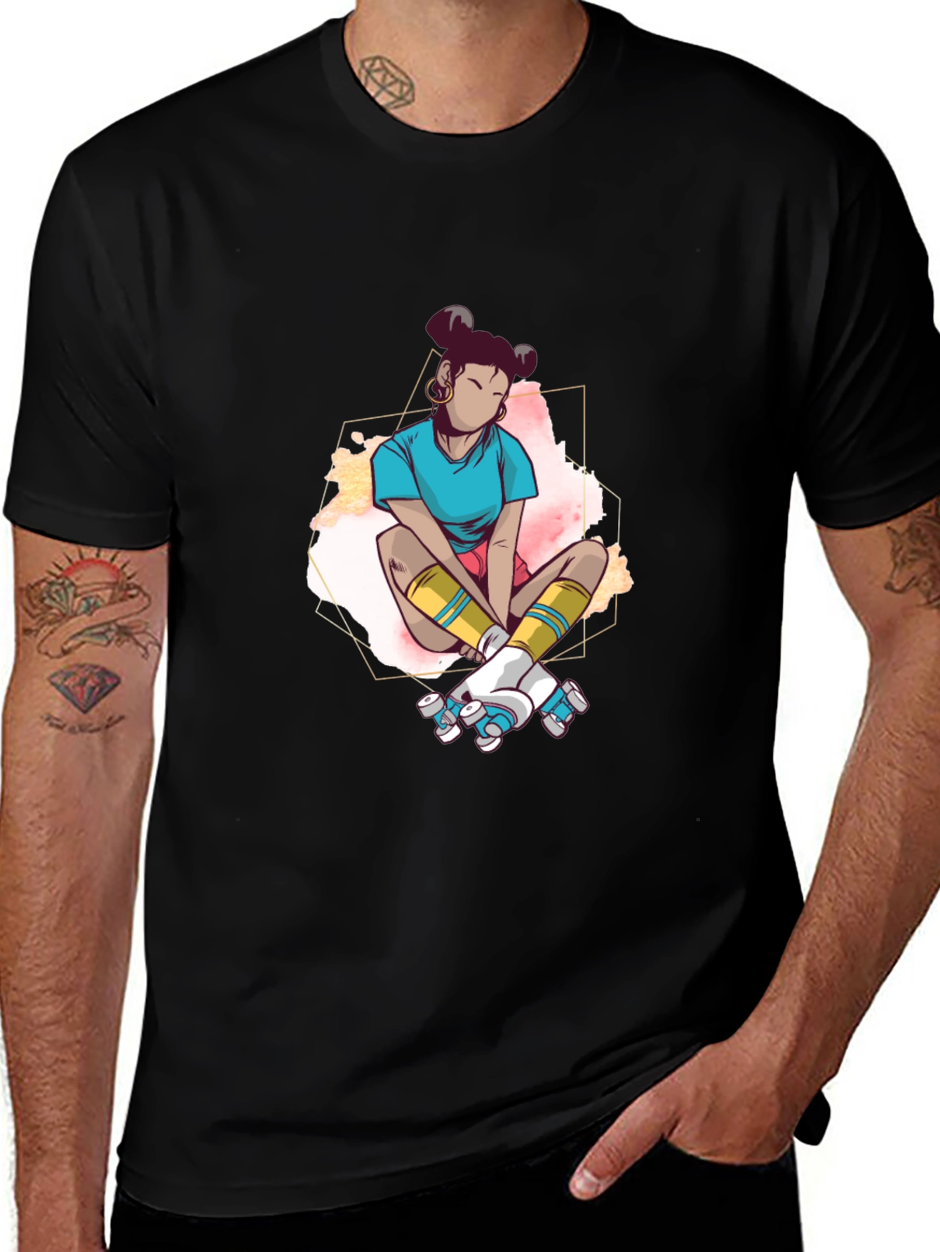 Retro Roller Girl Graphic Tee - Black Cotton Casual T-Shirt
