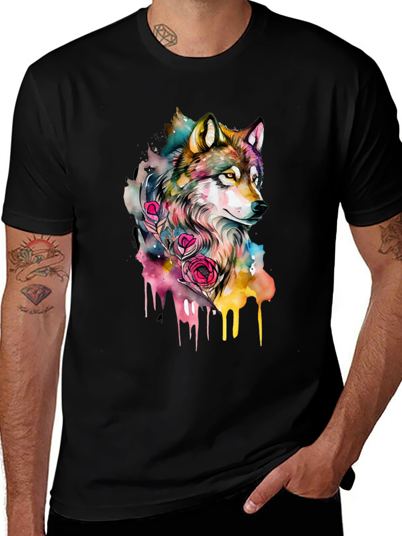 Wolf Watercolor Graphic Tee - Black