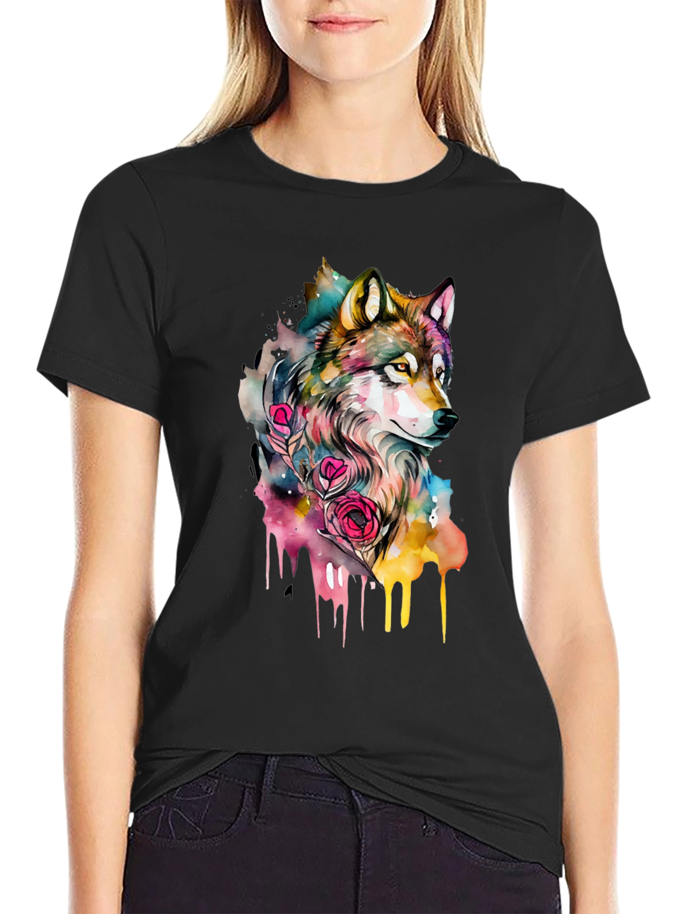 Wolf Watercolor Graphic Tee - Black