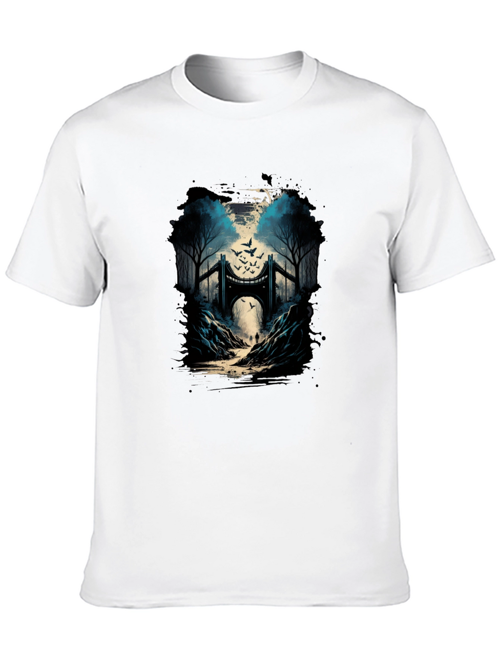 Bridge and Birds Graphic Tee - Unique Black T-Shirt