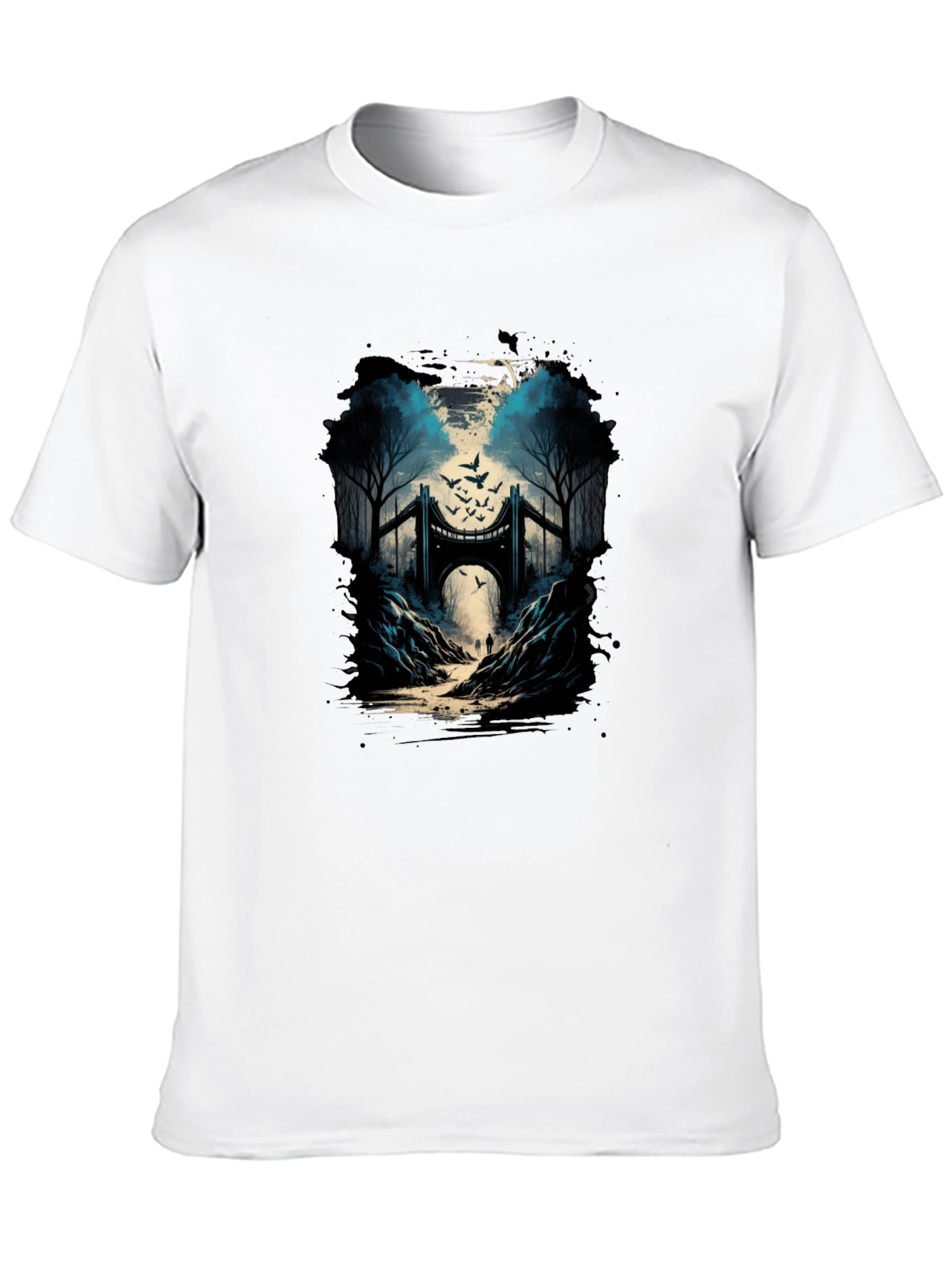 Bridge and Birds Graphic Tee - Unique Black T-Shirt