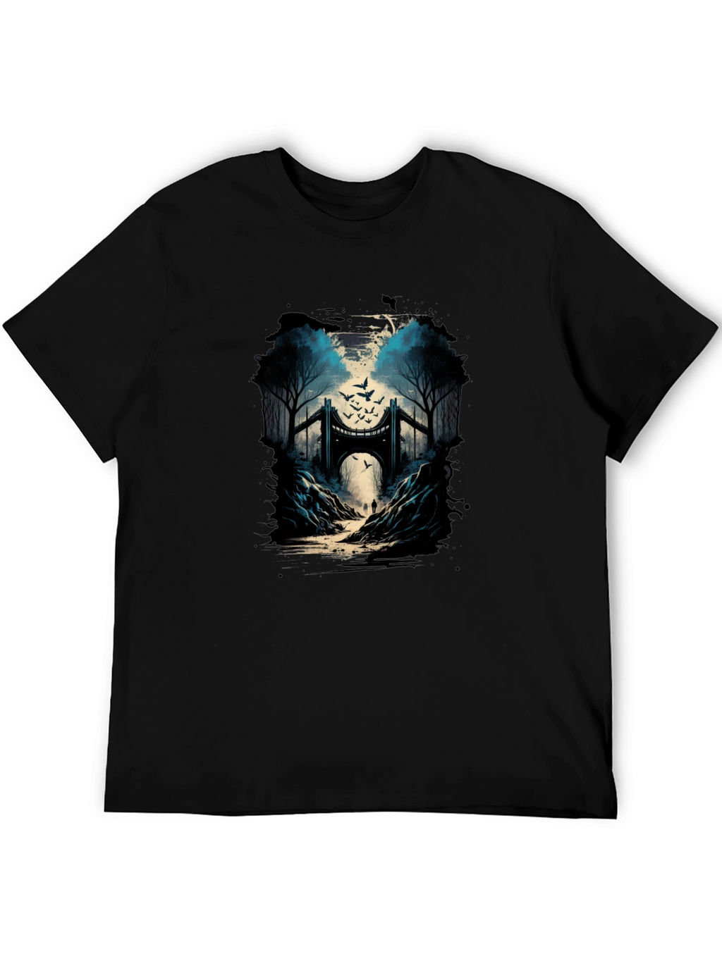 Bridge and Birds Graphic Tee - Unique Black T-Shirt