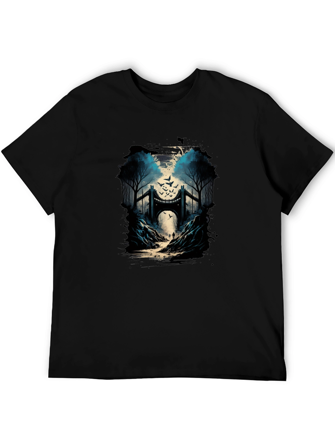 Bridge and Birds Graphic Tee - Unique Black T-Shirt