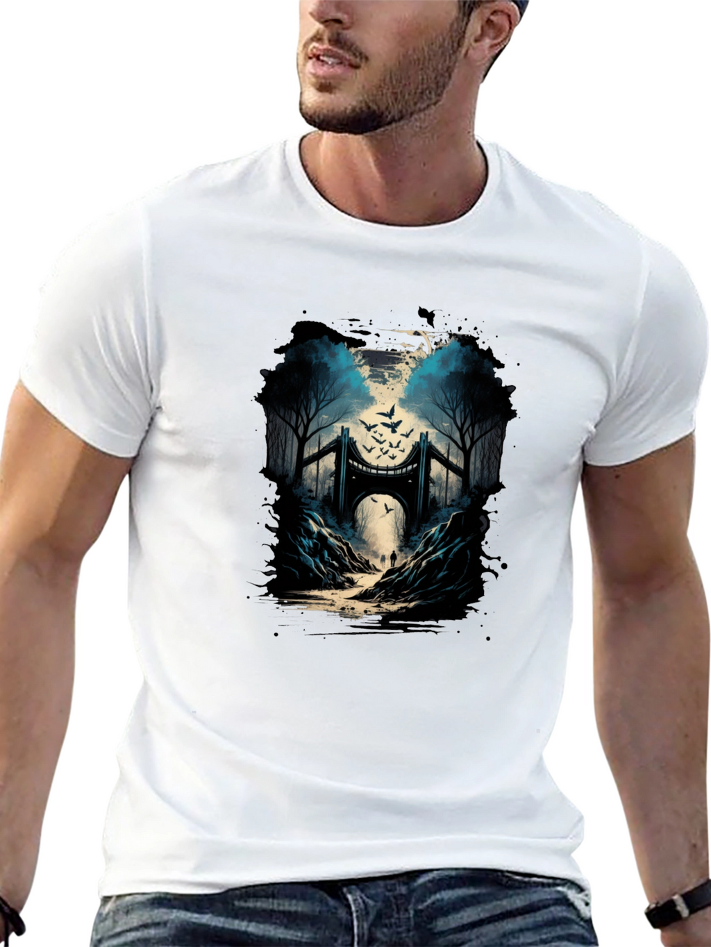 Bridge and Birds Graphic Tee - Unique Black T-Shirt
