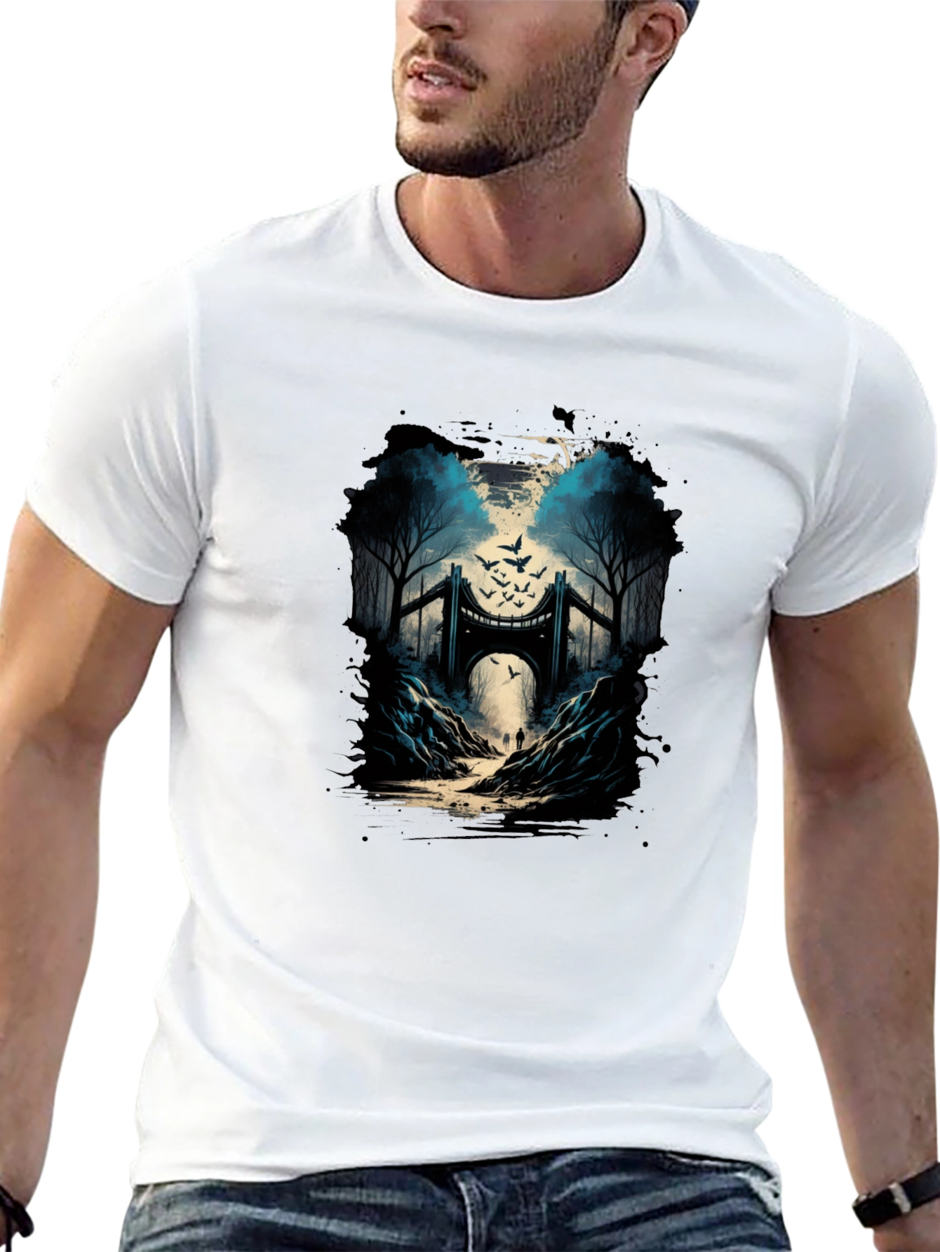 Bridge and Birds Graphic Tee - Unique Black T-Shirt