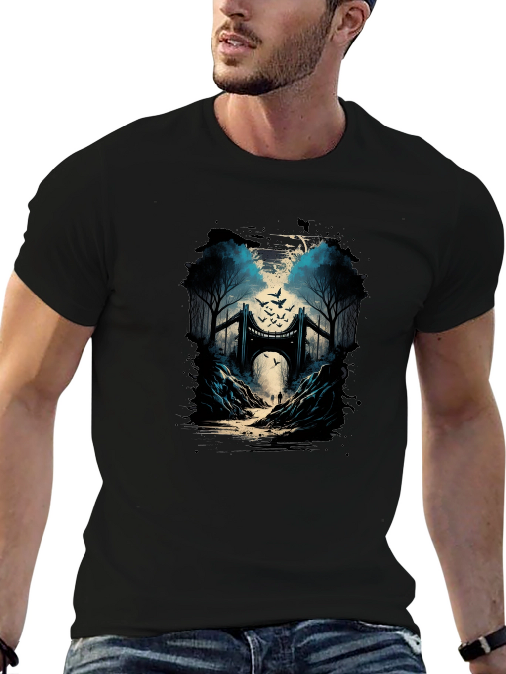 Bridge and Birds Graphic Tee - Unique Black T-Shirt