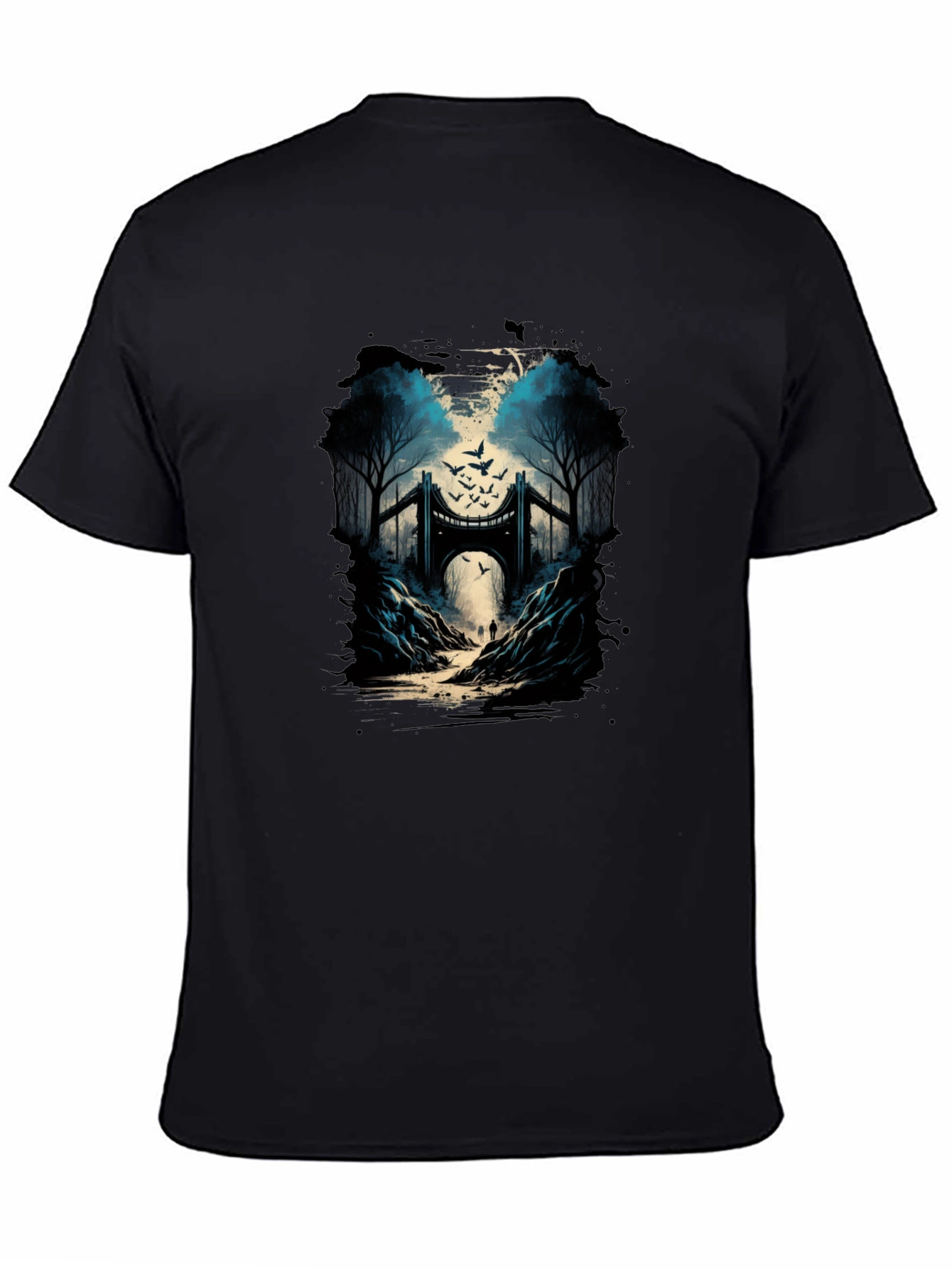 Bridge and Birds Graphic Tee - Unique Black T-Shirt