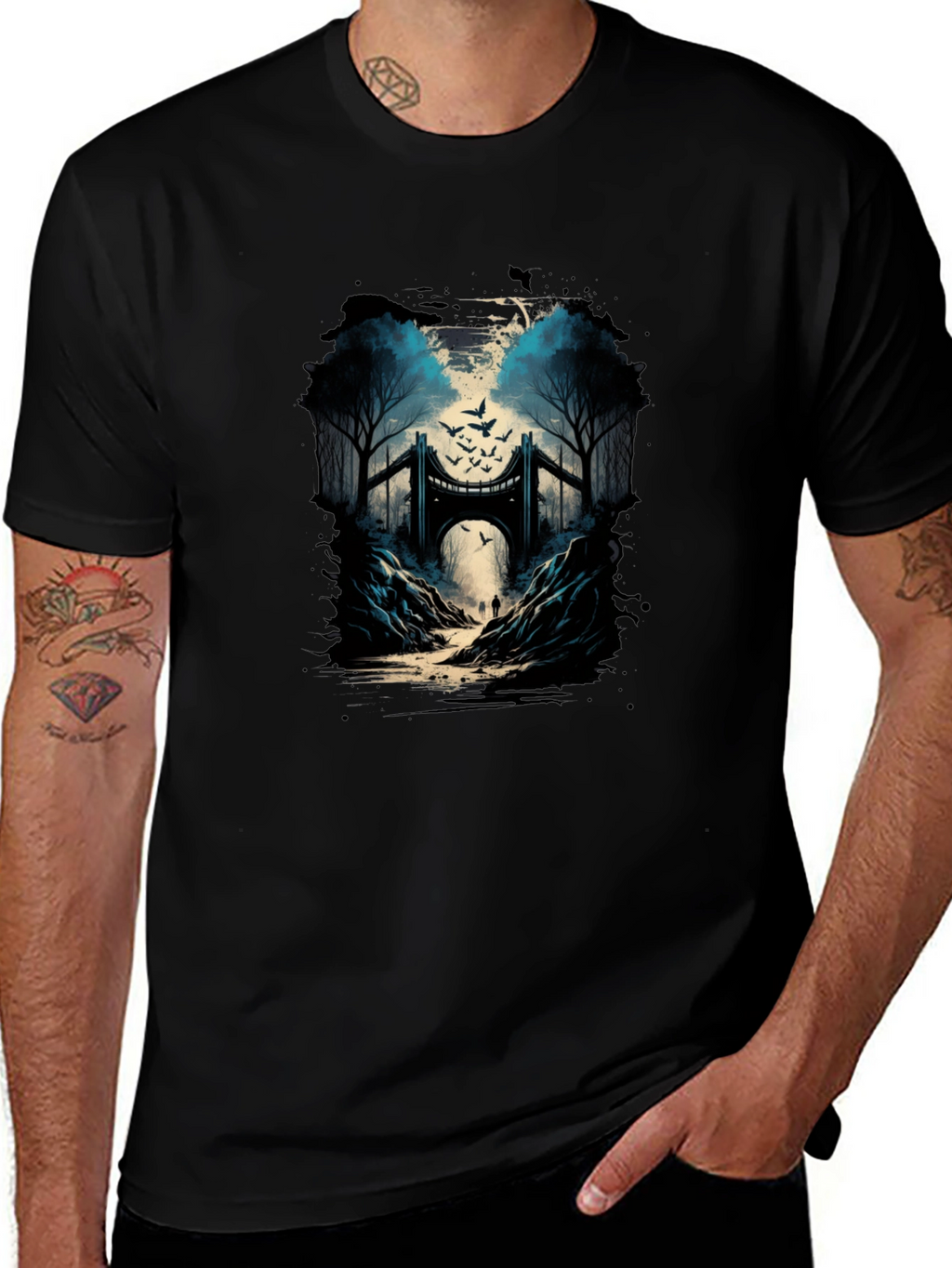 Bridge and Birds Graphic Tee - Unique Black T-Shirt