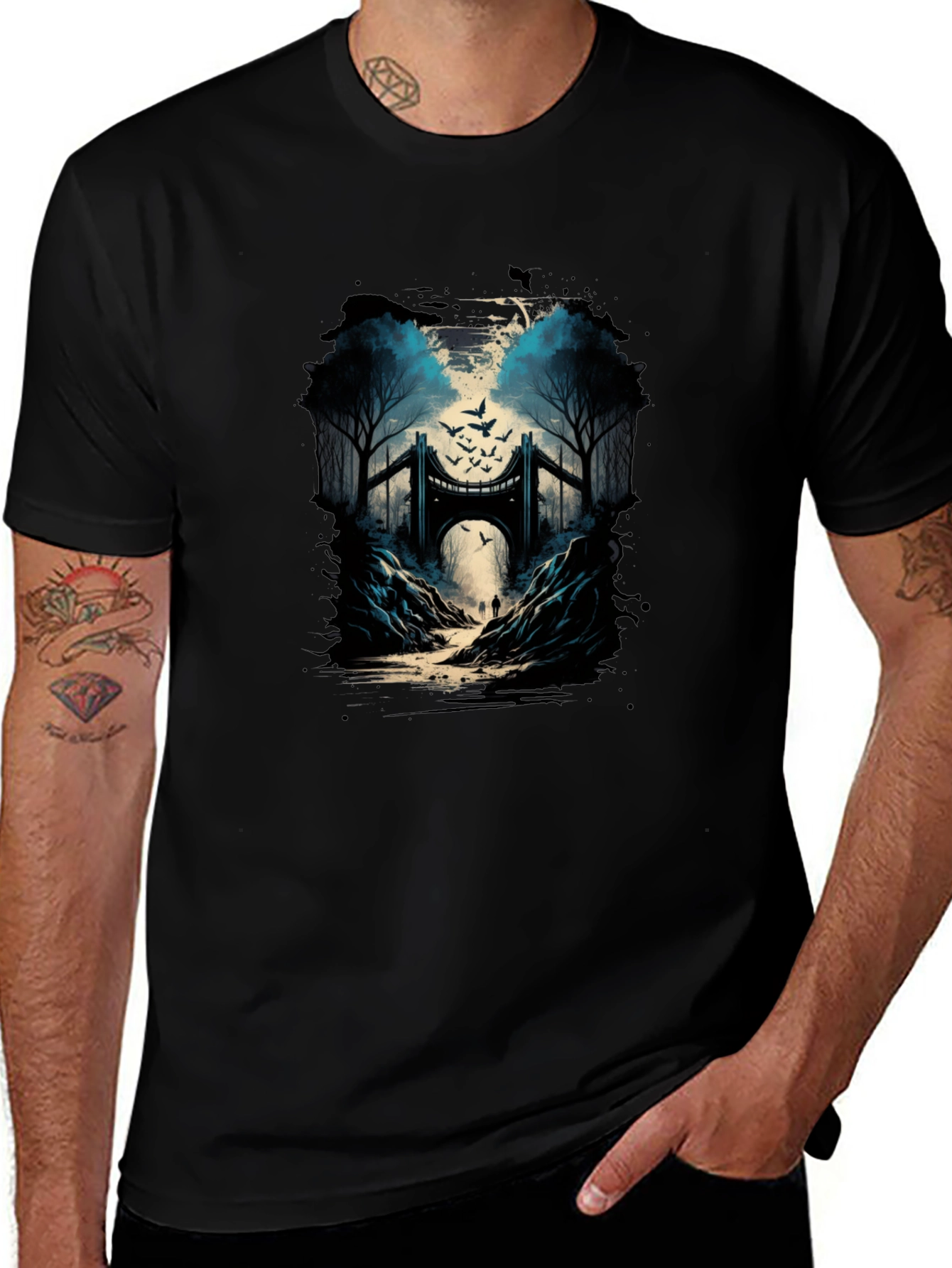 Bridge and Birds Graphic Tee - Unique Black T-Shirt