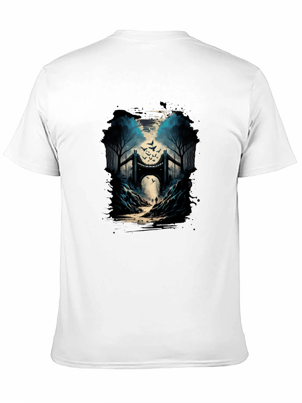 Bridge and Birds Graphic Tee - Unique Black T-Shirt