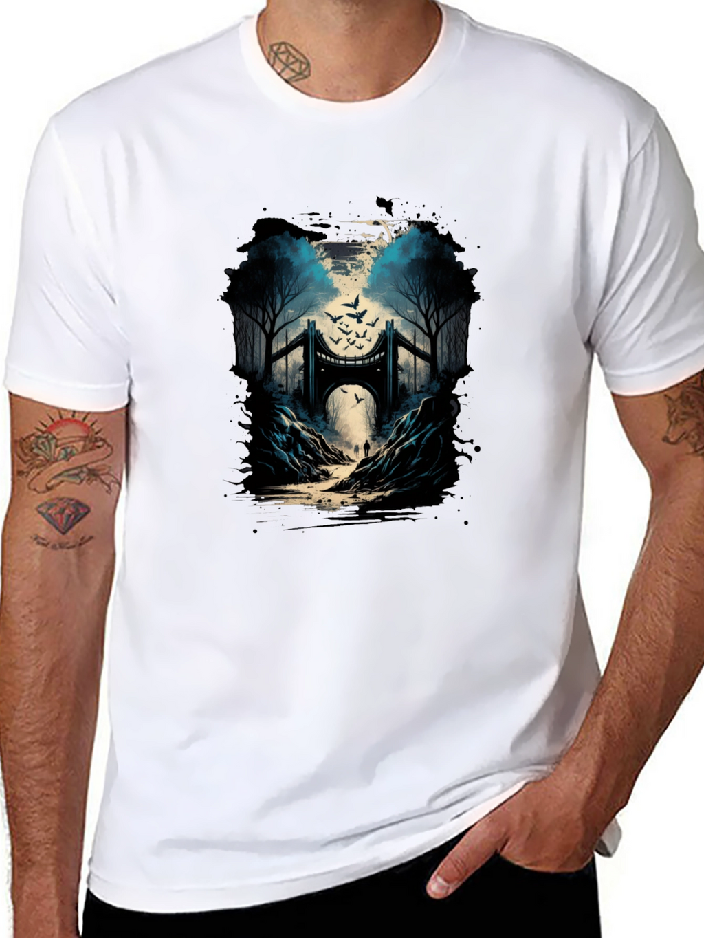 Bridge and Birds Graphic Tee - Unique Black T-Shirt