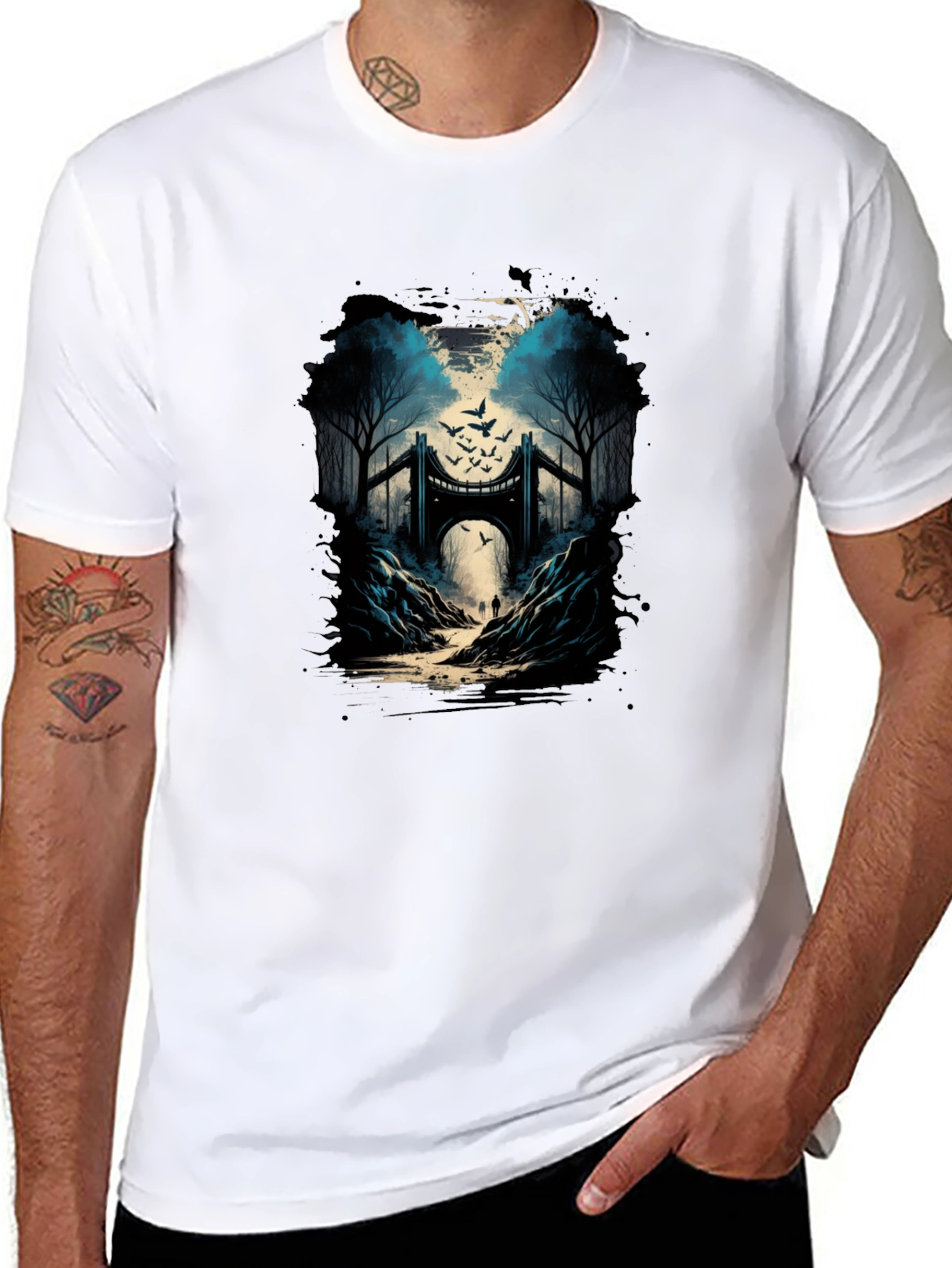 Bridge and Birds Graphic Tee - Unique Black T-Shirt
