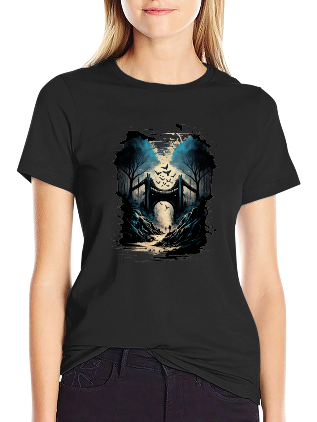 Bridge and Birds Graphic Tee - Unique Black T-Shirt