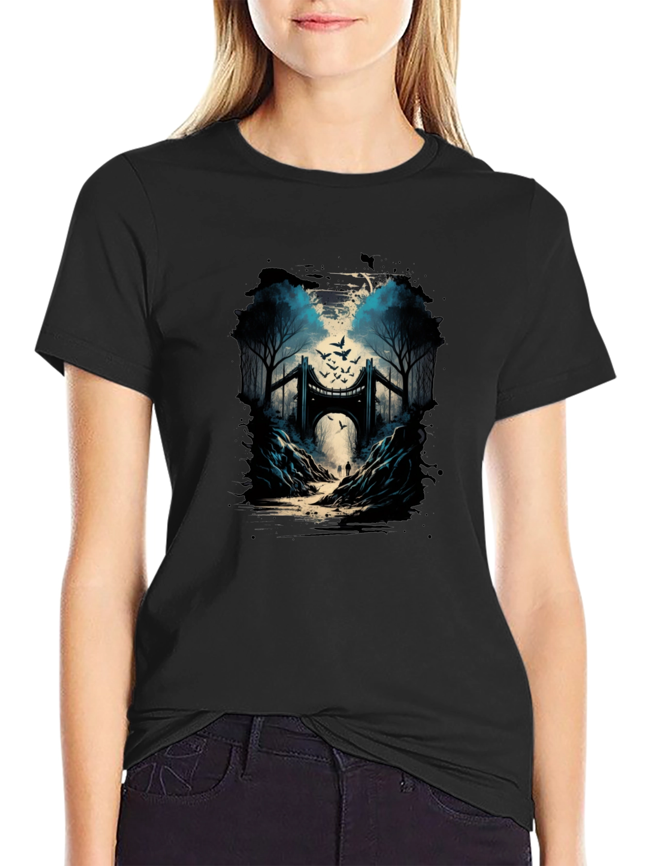 Bridge and Birds Graphic Tee - Unique Black T-Shirt
