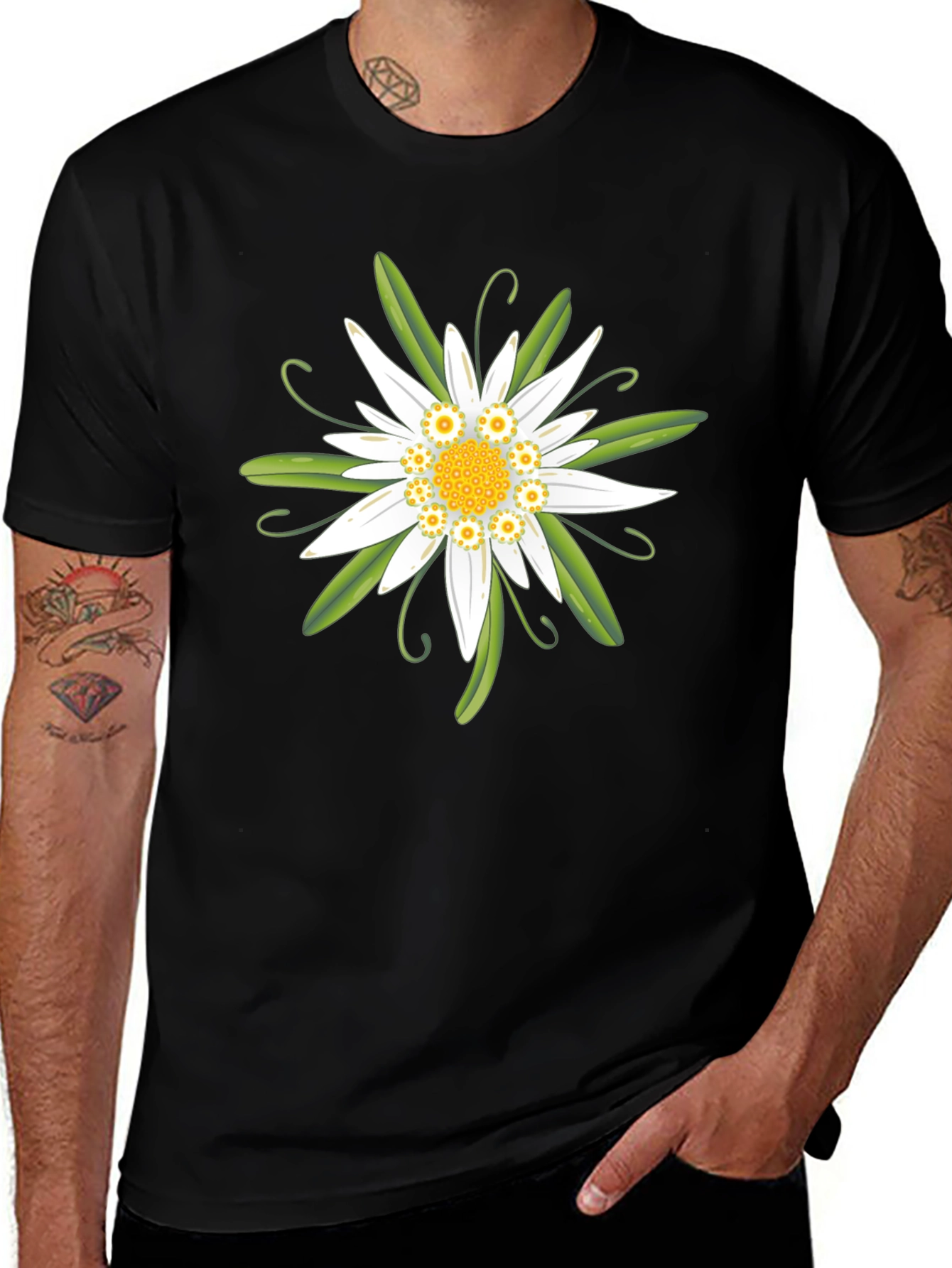 Edelweiss Flower Graphic T-Shirt - Black