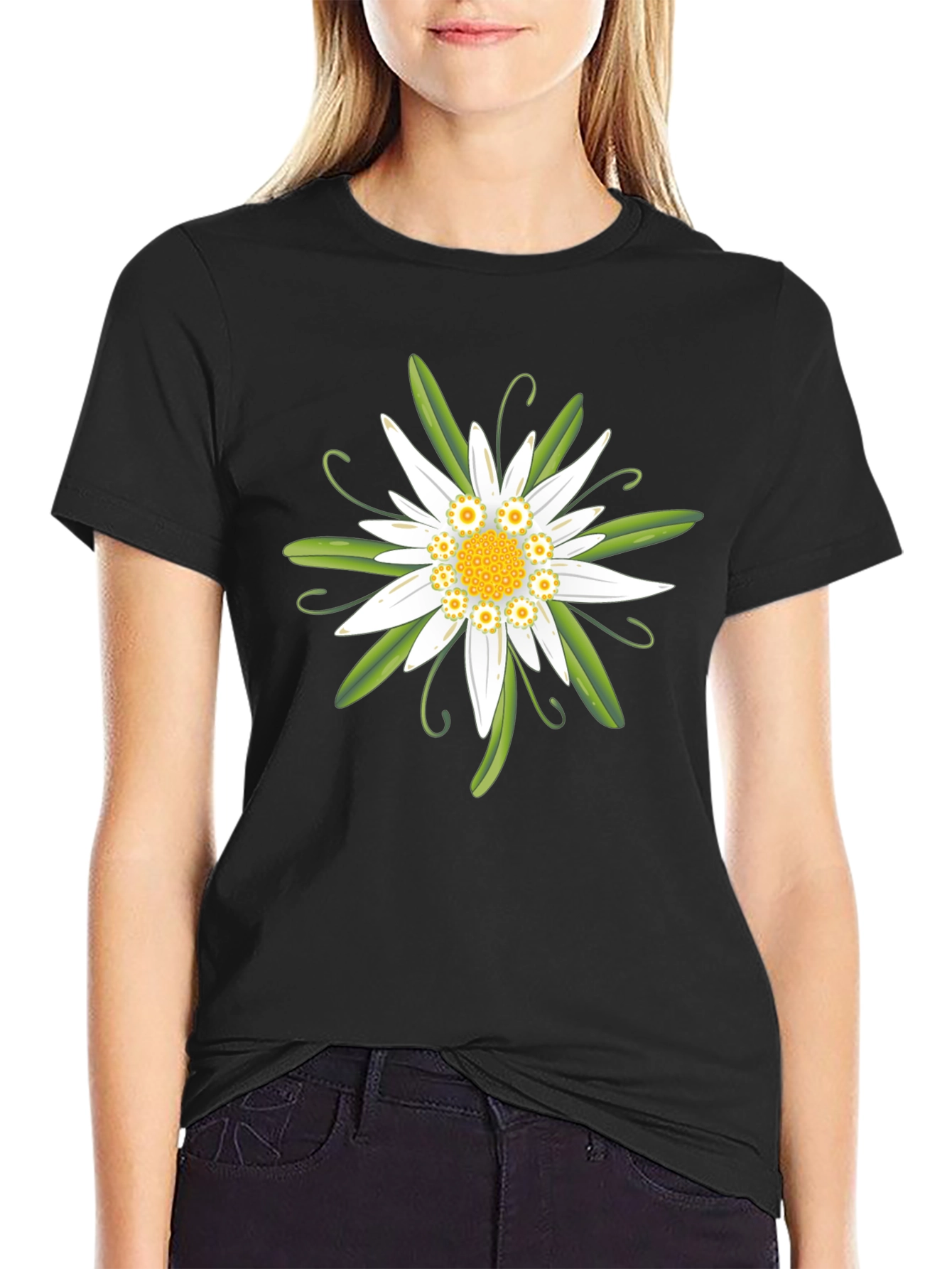 Edelweiss Flower Graphic T-Shirt - Black