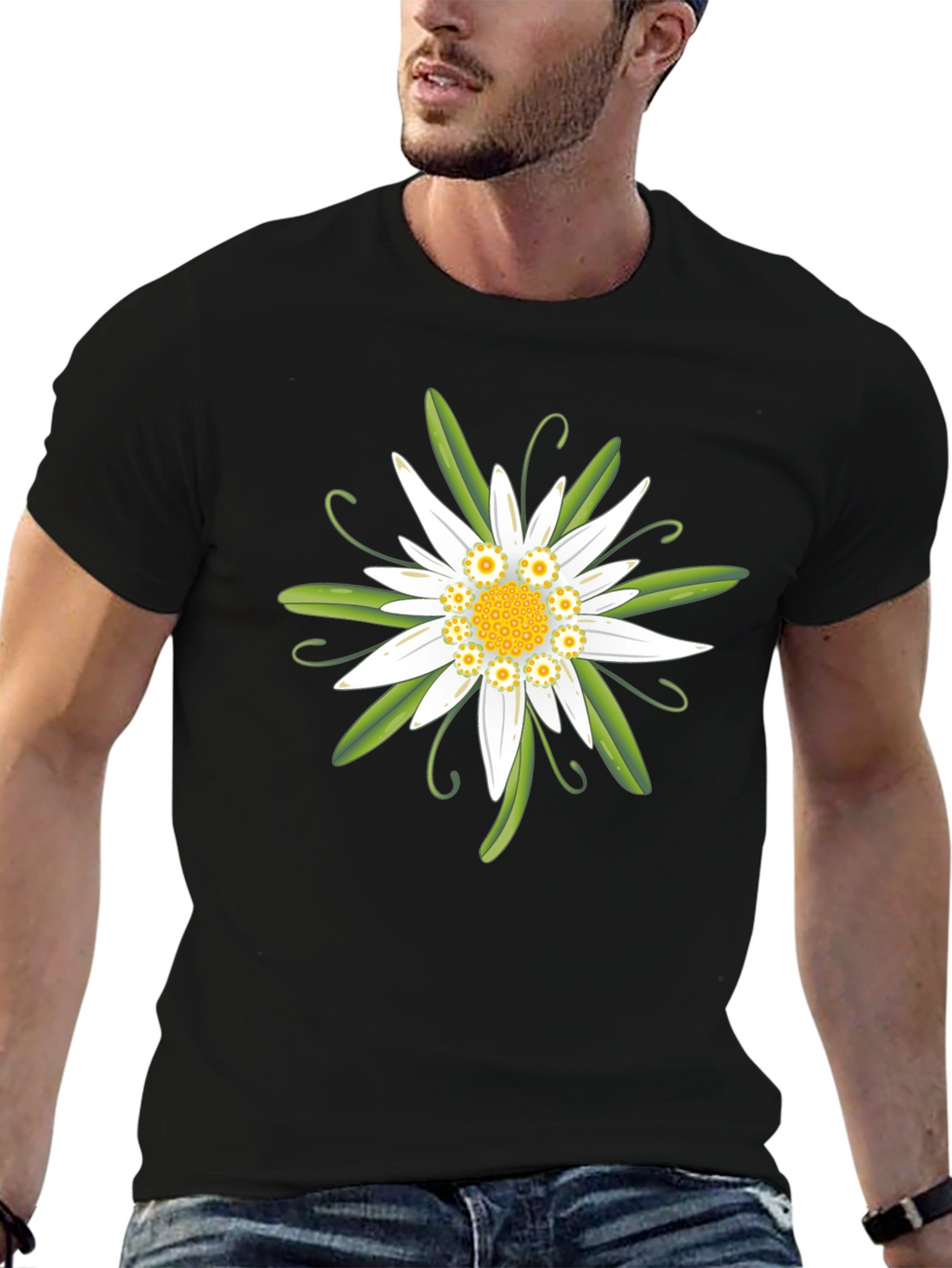 Edelweiss Flower Graphic T-Shirt - Black