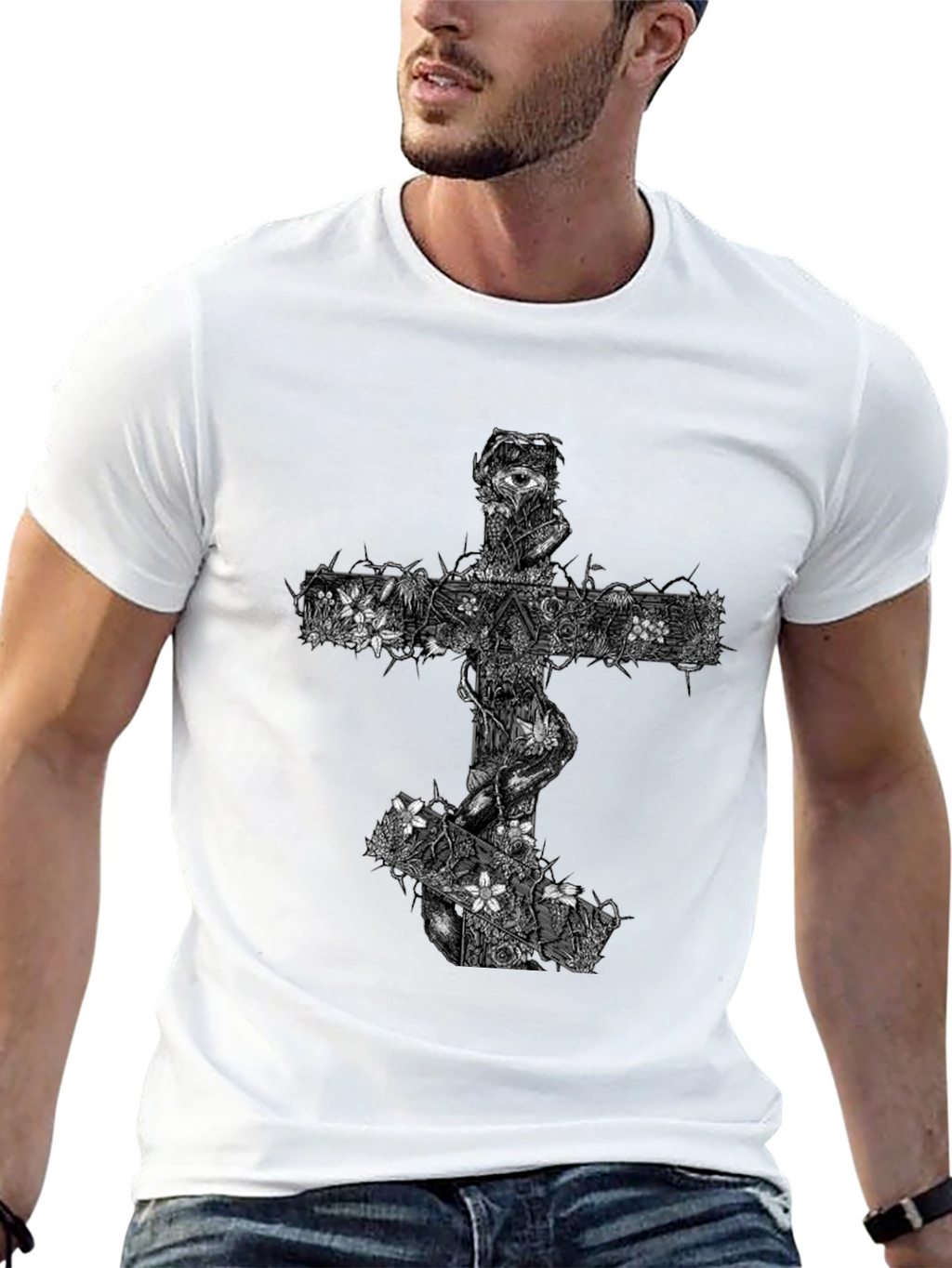 Floral Cross Graphic Black T-Shirt