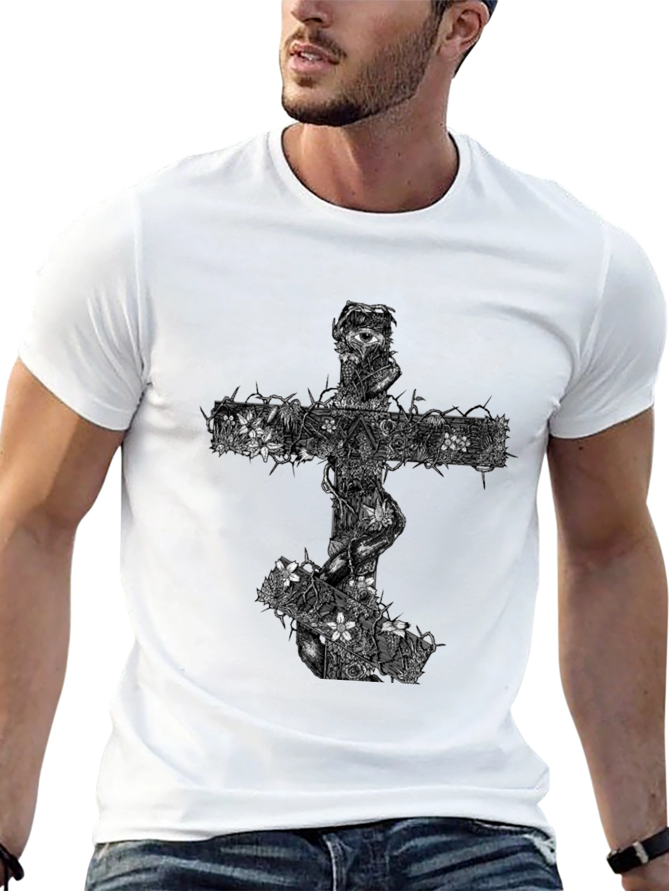 Floral Cross Graphic Black T-Shirt