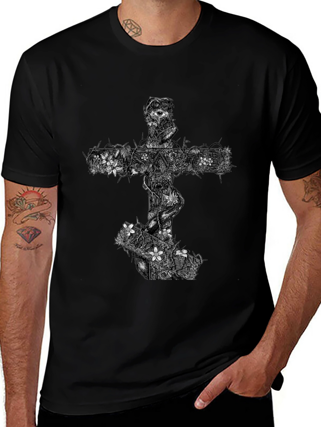 Floral Cross Graphic Black T-Shirt
