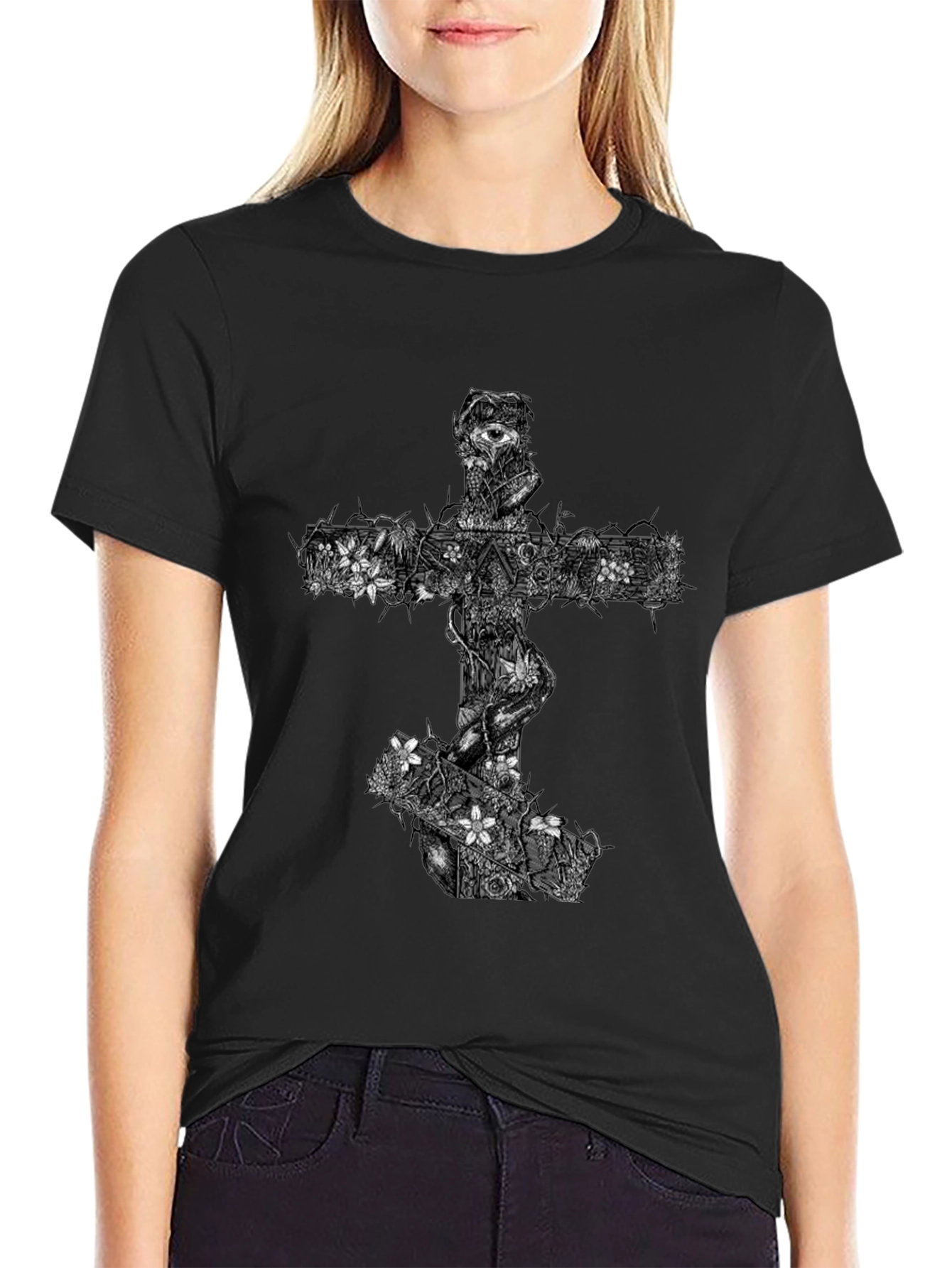 Floral Cross Graphic Black T-Shirt