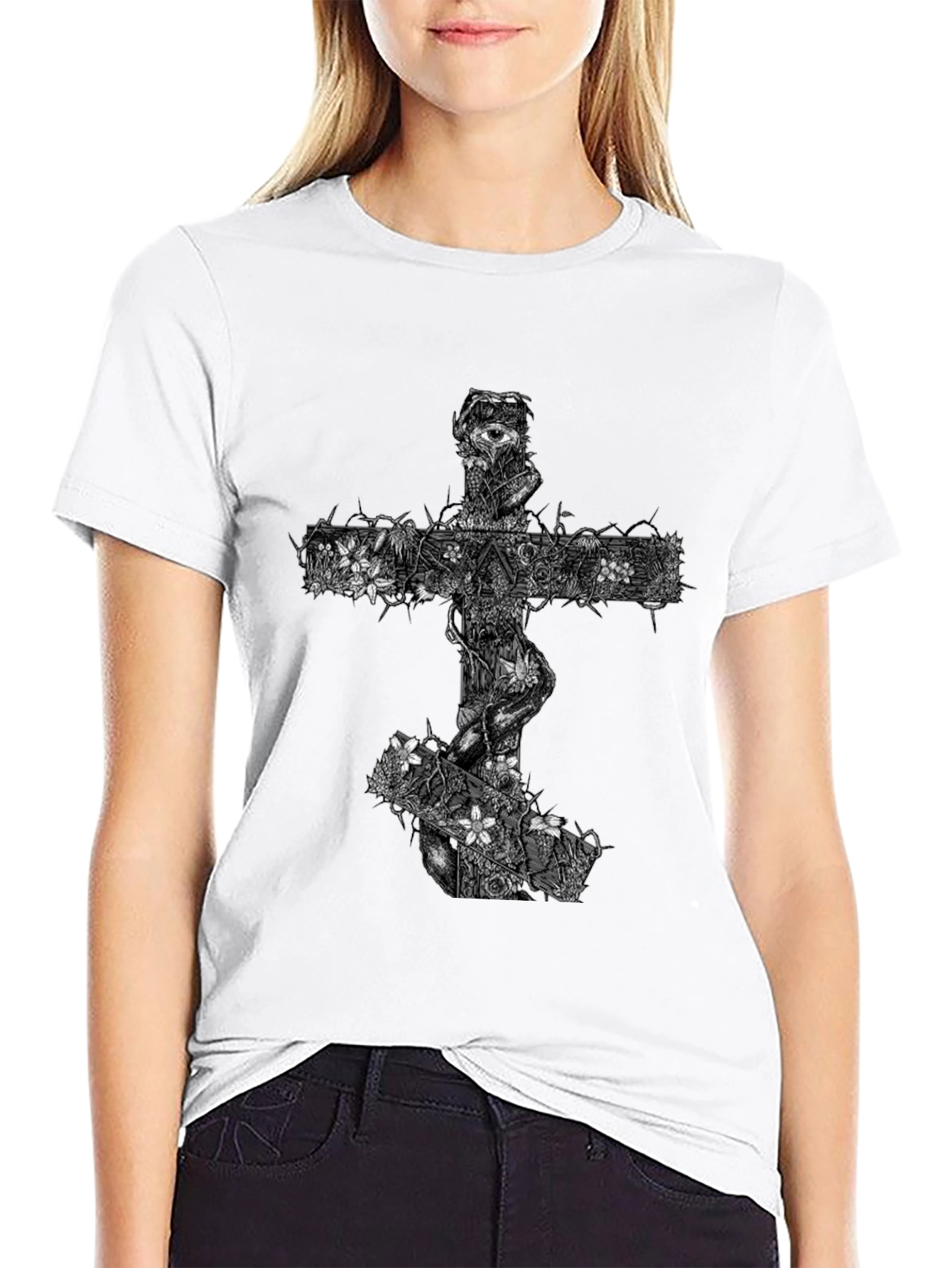 Floral Cross Graphic Black T-Shirt