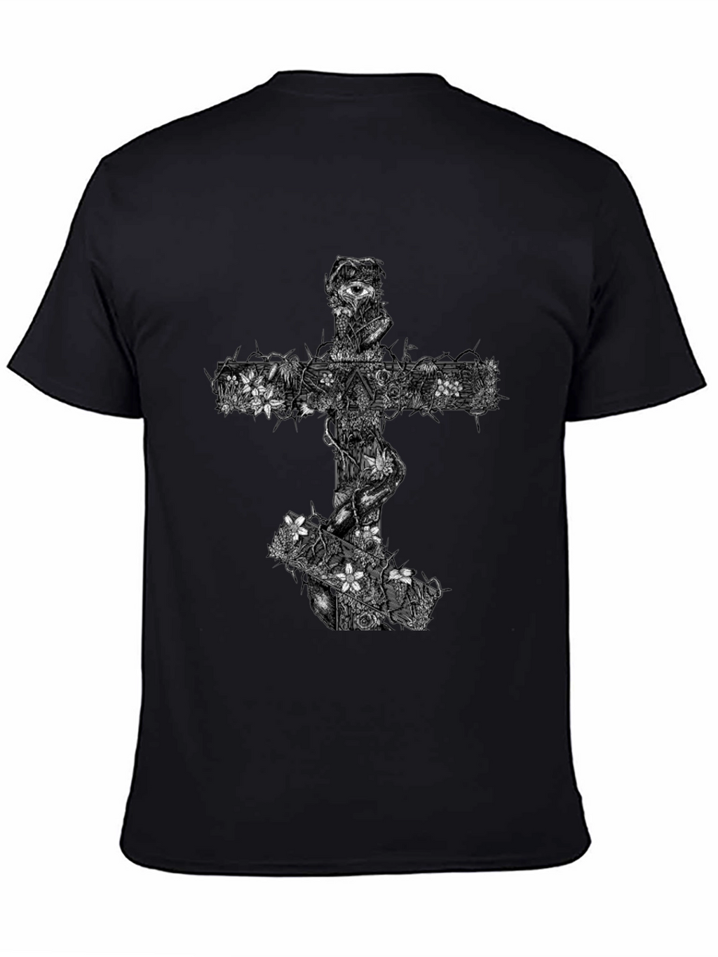 Floral Cross Graphic Black T-Shirt