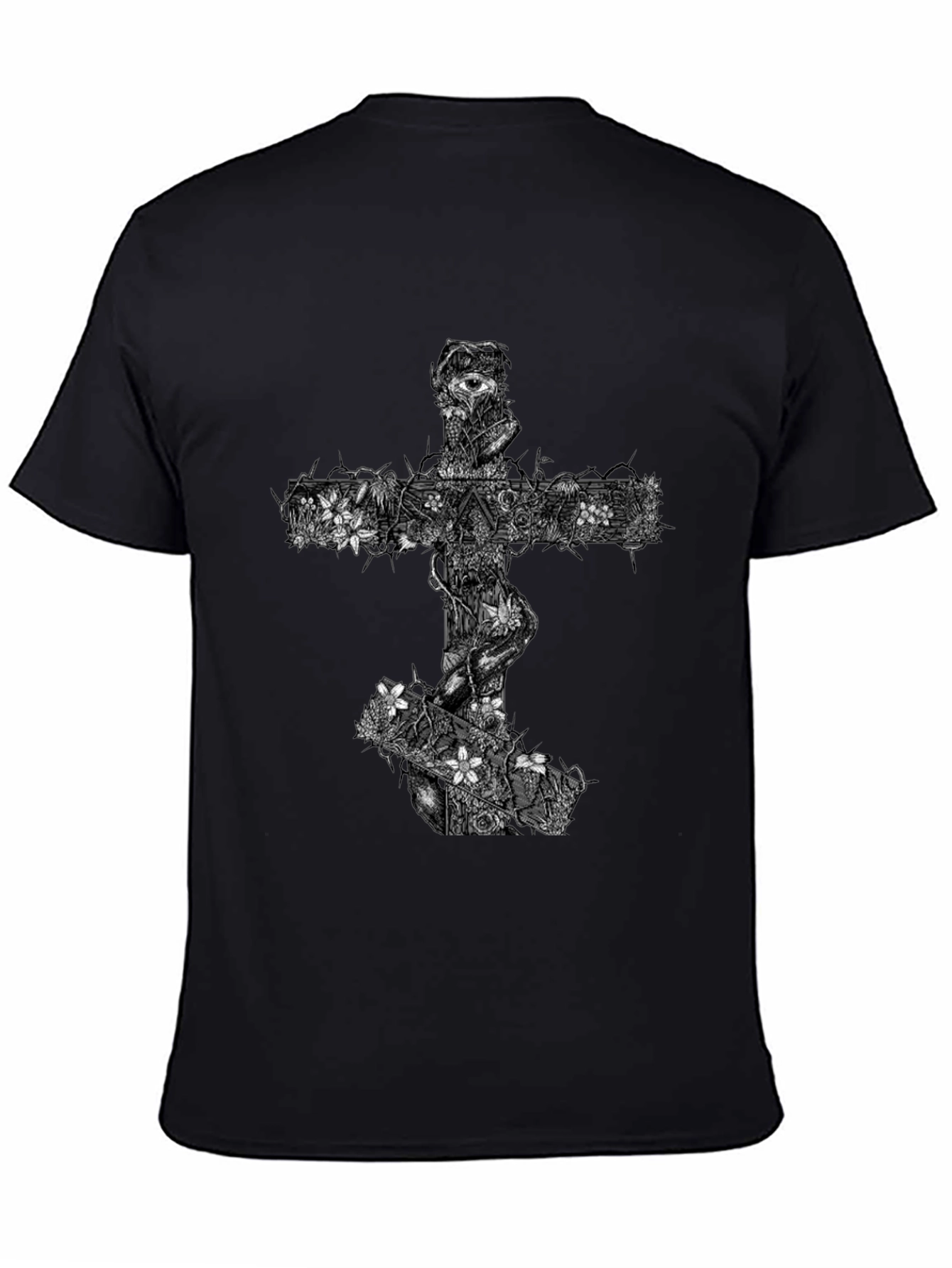 Floral Cross Graphic Black T-Shirt