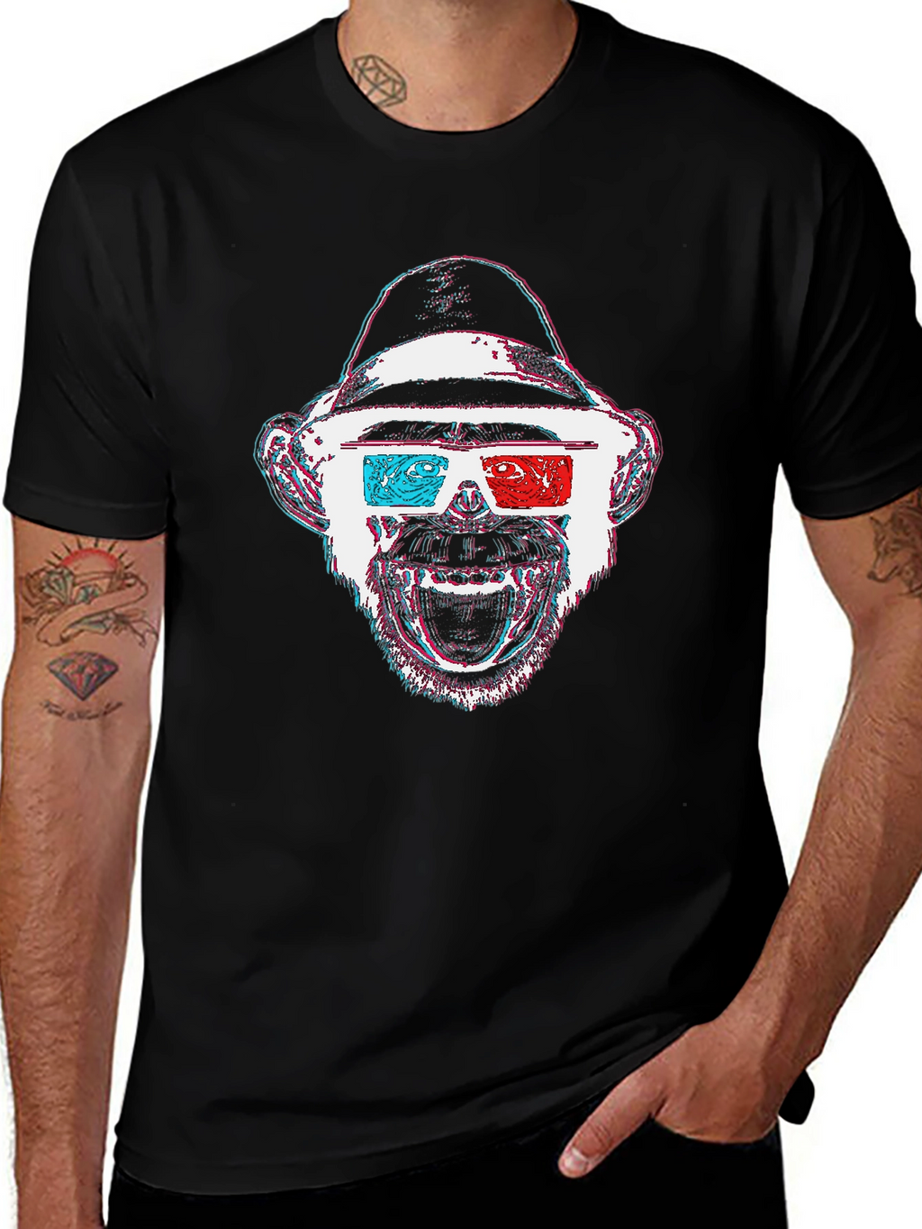 Monkey 3D Glasses Graphic T-Shirt - Black