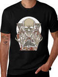 Skull & Floral Graphic Print Black T-Shirt